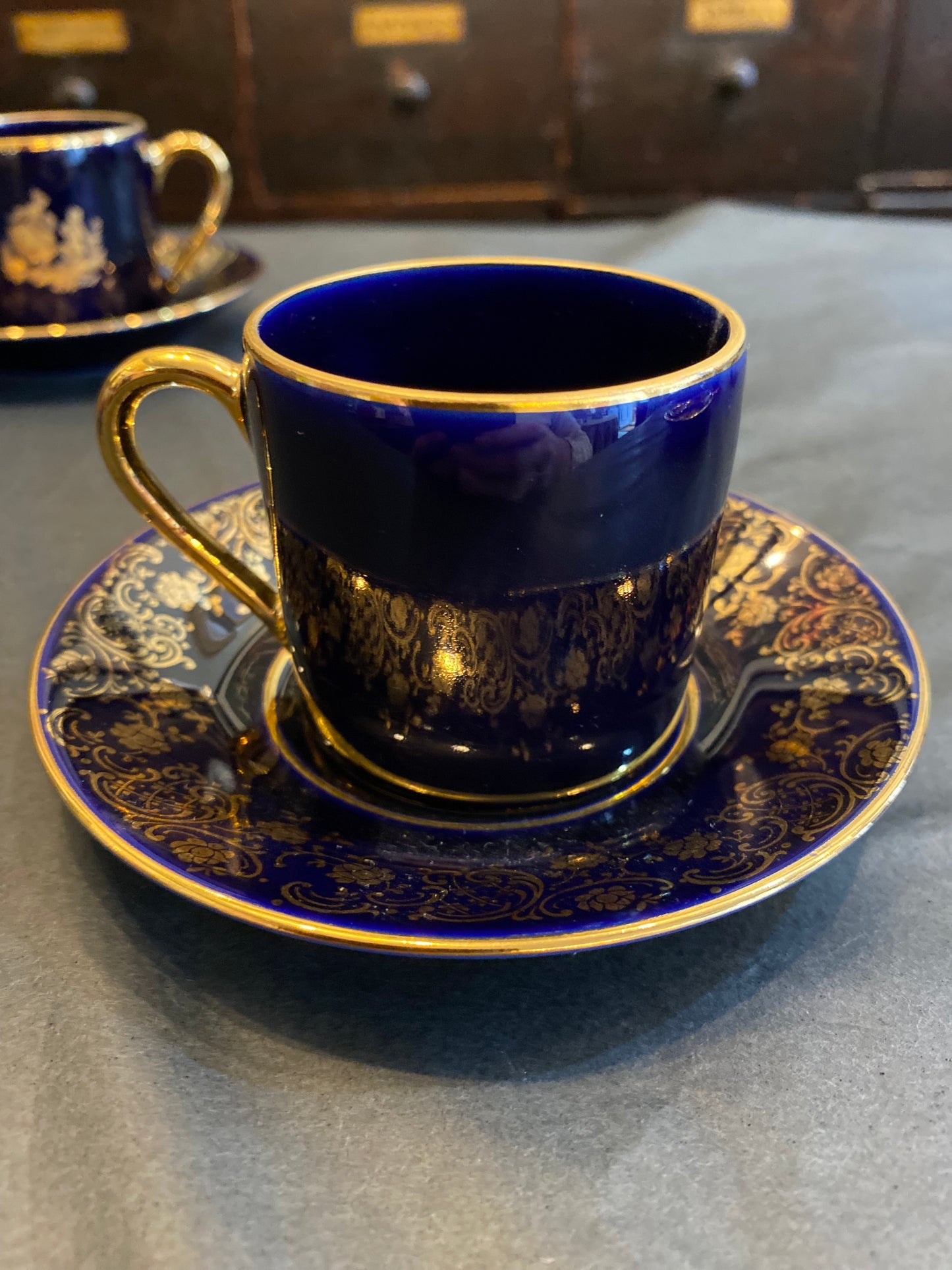 Limoges France 22K gold Part Collection Coffee Cups, Jug and Box