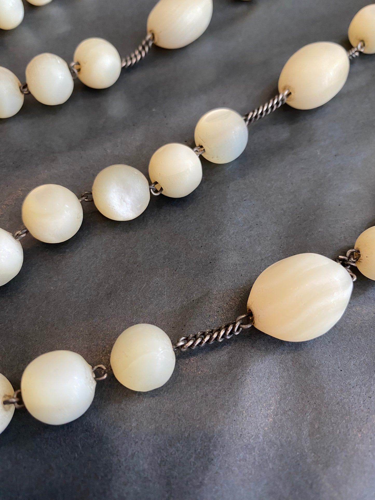 Large Antique Mother of Pearl & Silver Rosary with Miraculous Medallion featuring Pope Pius IX and The Virgin Mary