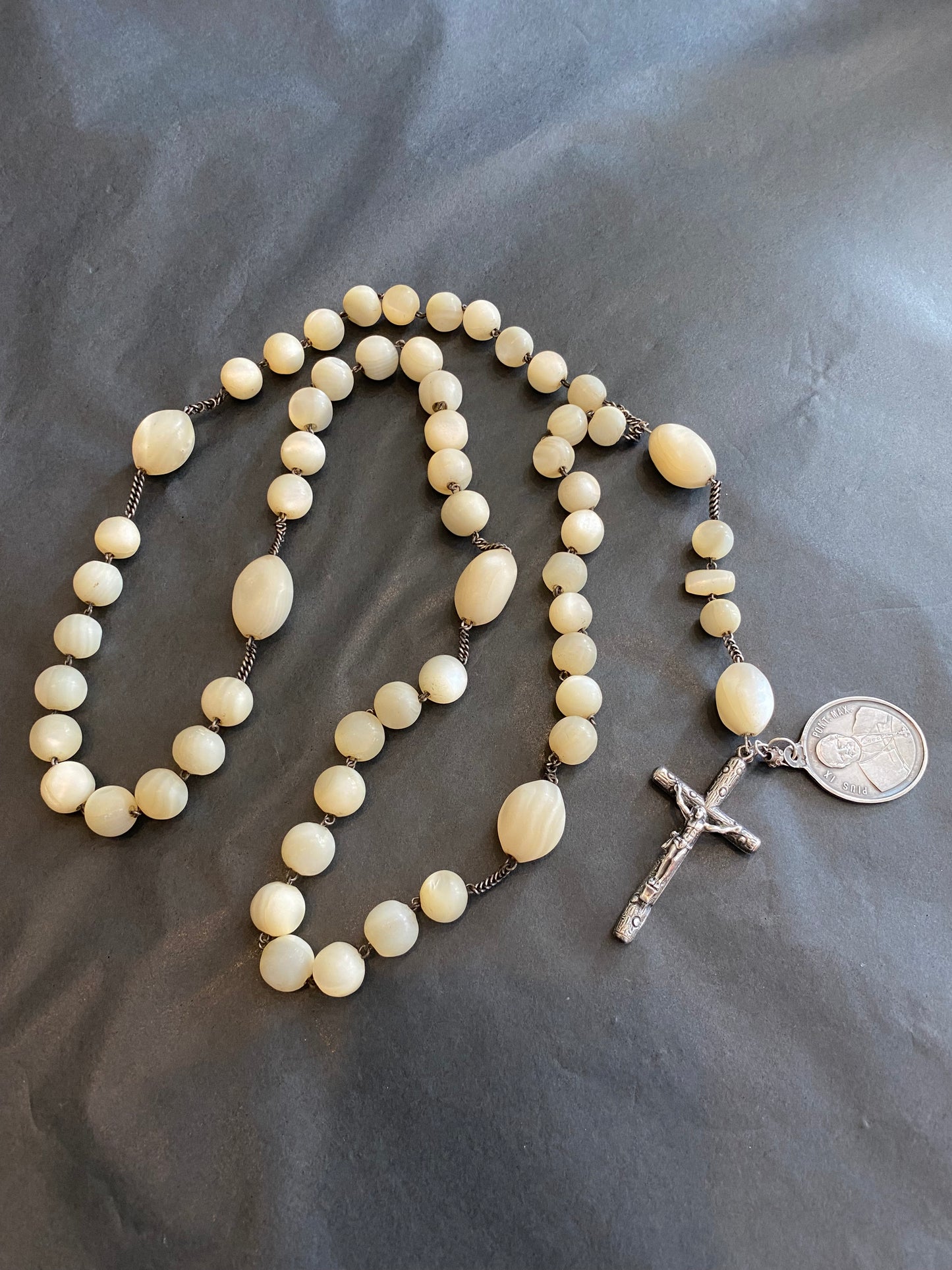Large Antique Mother of Pearl & Silver Rosary with Miraculous Medallion featuring Pope Pius IX and The Virgin Mary