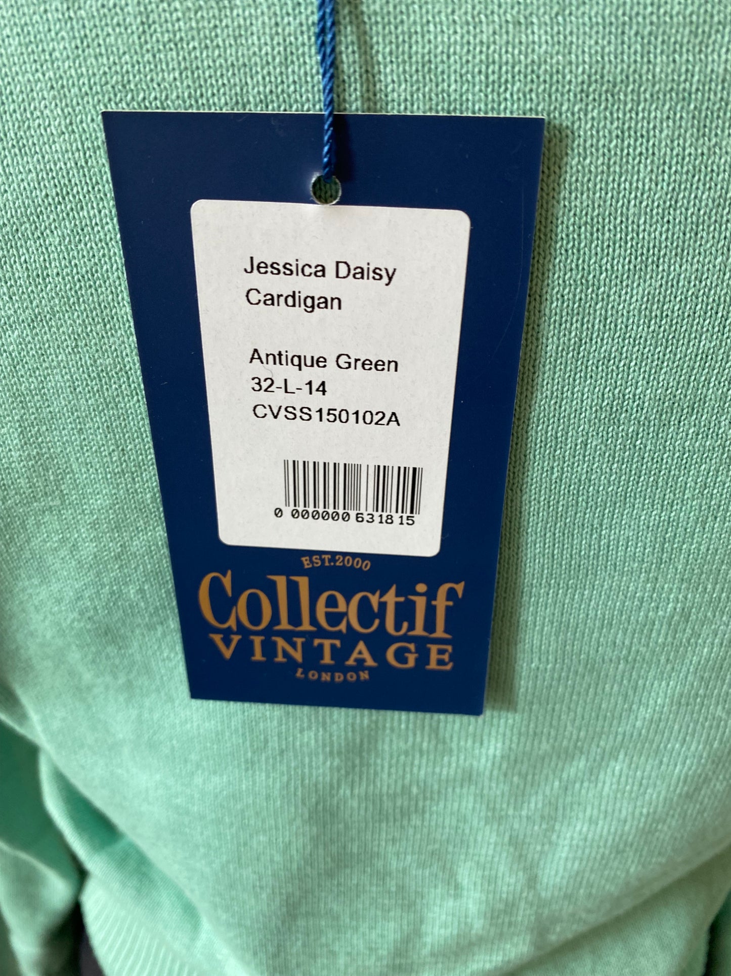 Collectif Vintage Daisy Embroidered Mint Green V-Neck Cropped Cardigan - UK 14