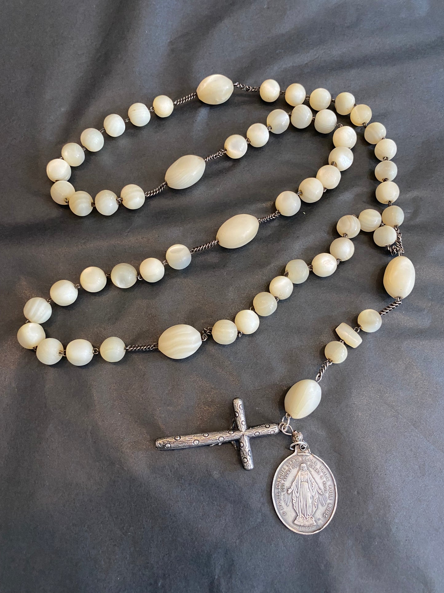 Large Antique Mother of Pearl & Silver Rosary with Miraculous Medallion featuring Pope Pius IX and The Virgin Mary