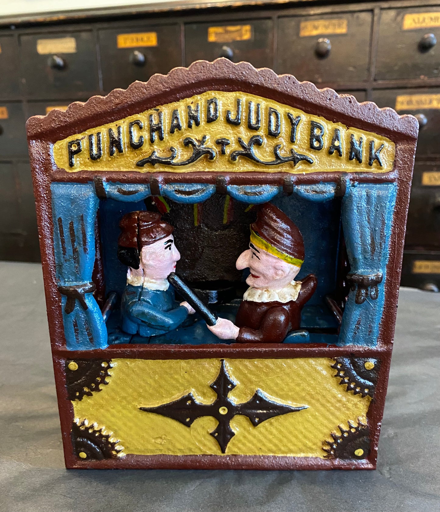 Reproduction cast iron mechanical Punch & Judy money box
