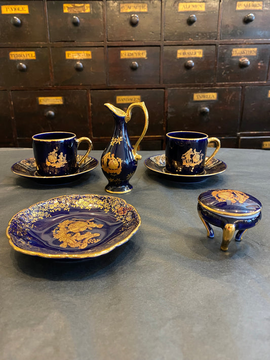 Limoges France 22K gold Part Collection Coffee Cups, Jug and Box