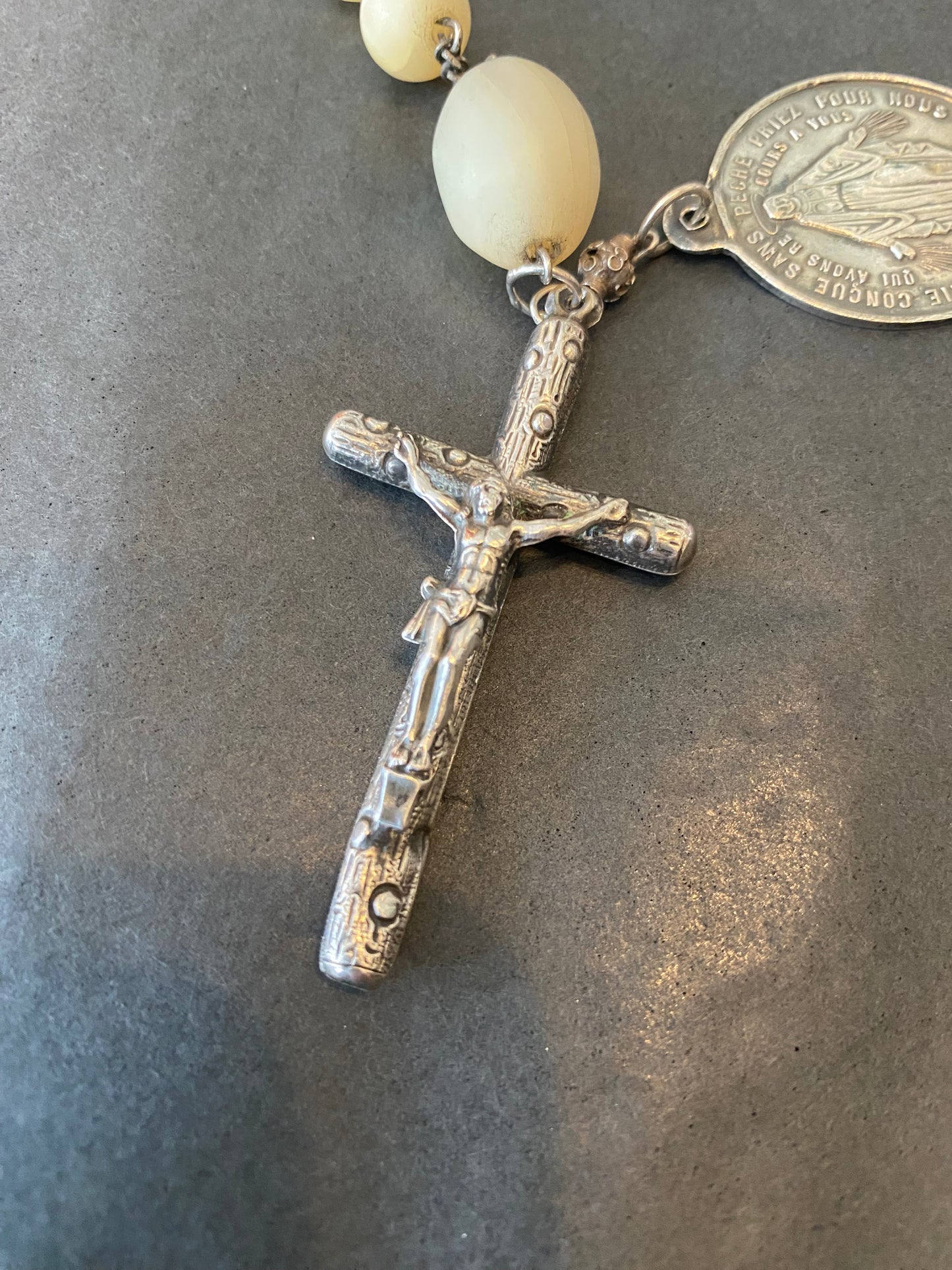 Large Antique Mother of Pearl & Silver Rosary with Miraculous Medallion featuring Pope Pius IX and The Virgin Mary