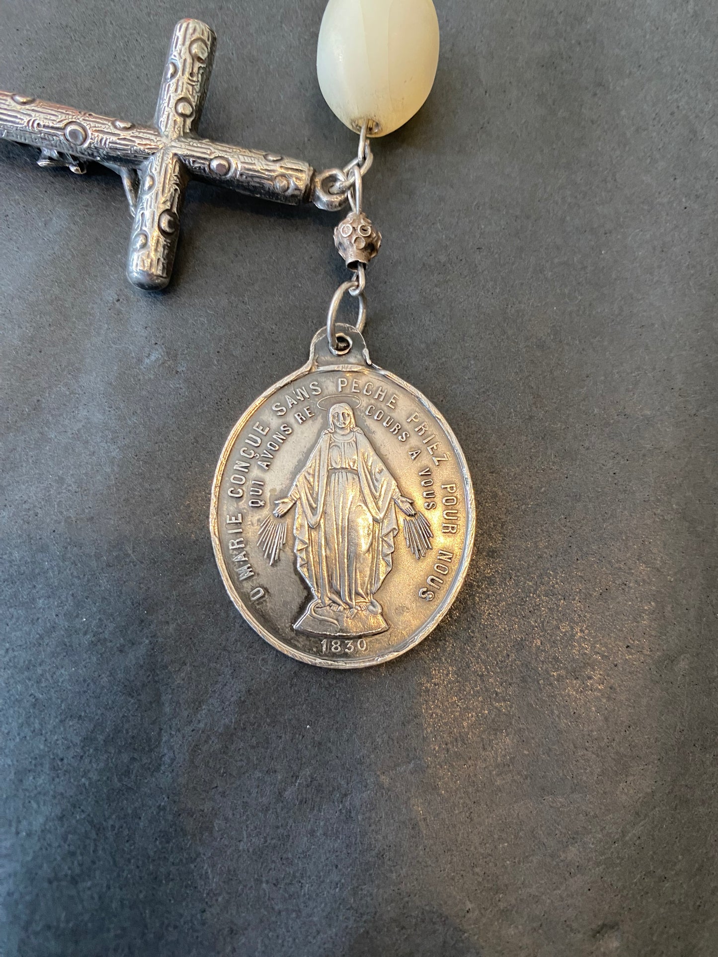 Large Antique Mother of Pearl & Silver Rosary with Miraculous Medallion featuring Pope Pius IX and The Virgin Mary