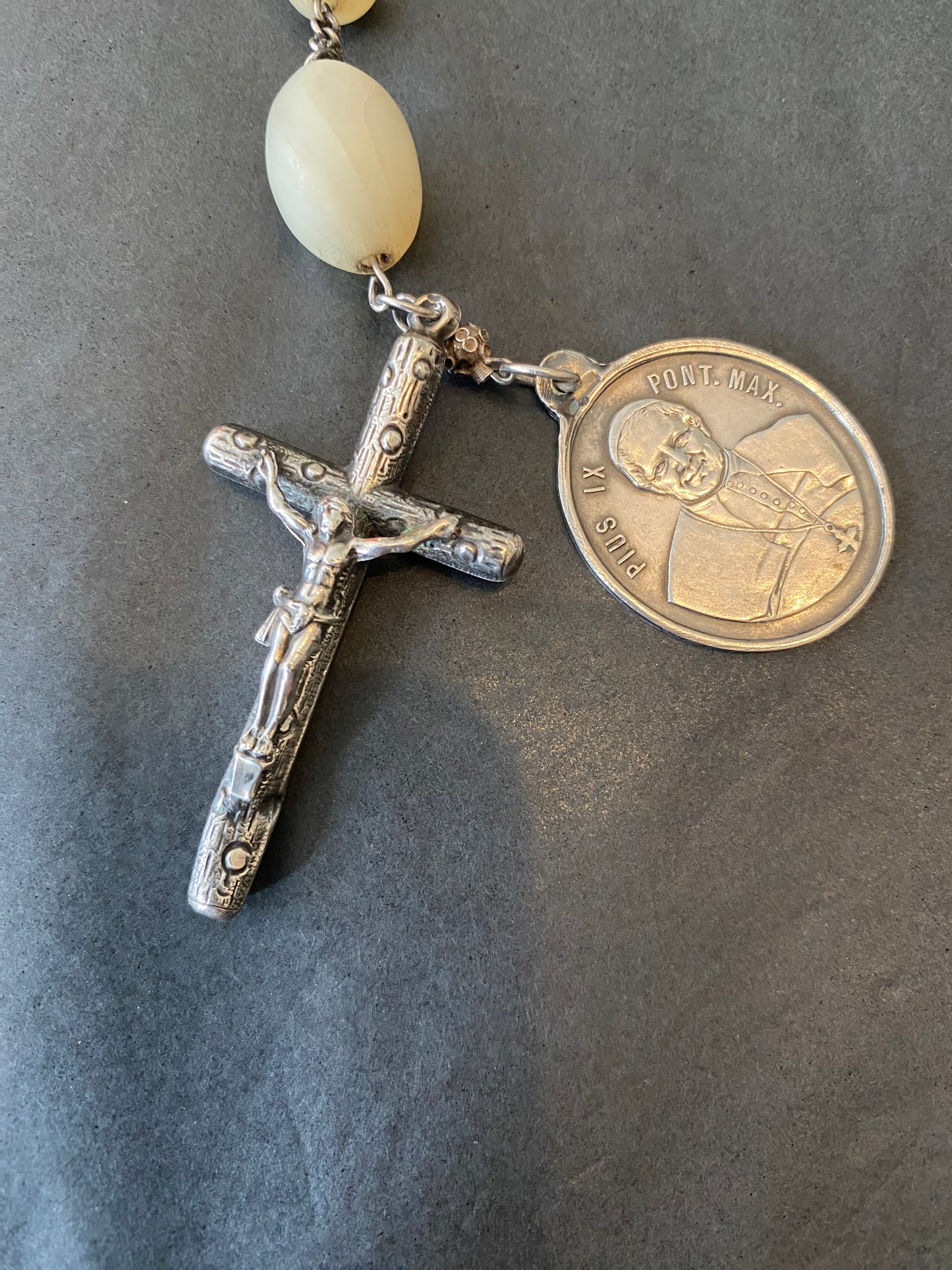 Large Antique Mother of Pearl & Silver Rosary with Miraculous Medallion featuring Pope Pius IX and The Virgin Mary
