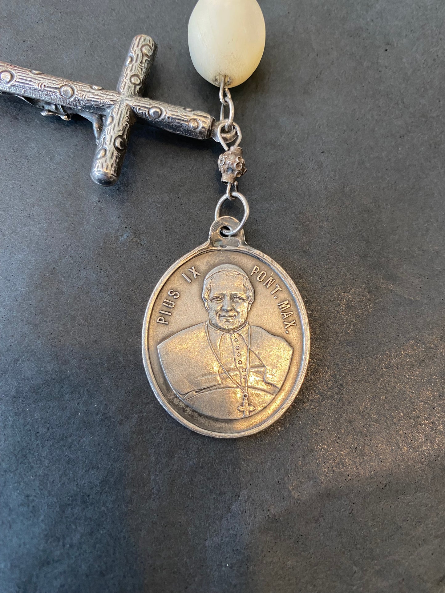 Large Antique Mother of Pearl & Silver Rosary with Miraculous Medallion featuring Pope Pius IX and The Virgin Mary