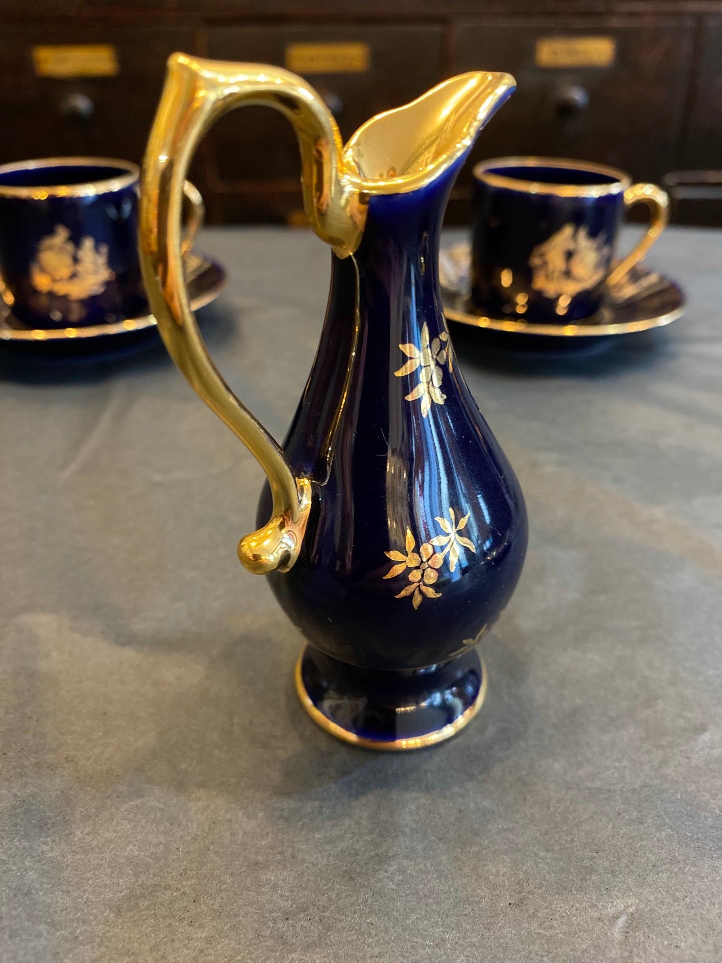 Limoges France 22K gold Part Collection Coffee Cups, Jug and Box