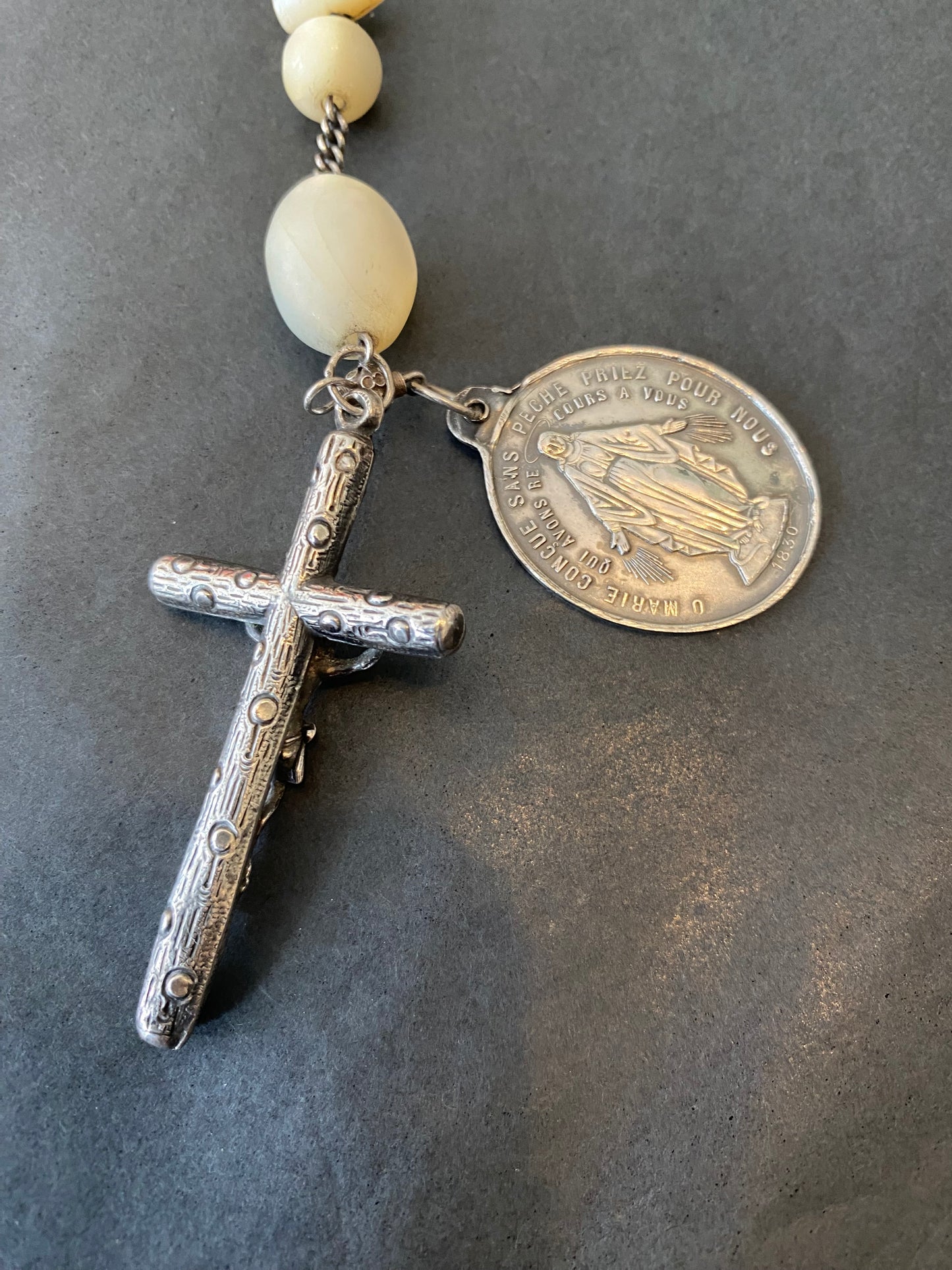 Large Antique Mother of Pearl & Silver Rosary with Miraculous Medallion featuring Pope Pius IX and The Virgin Mary