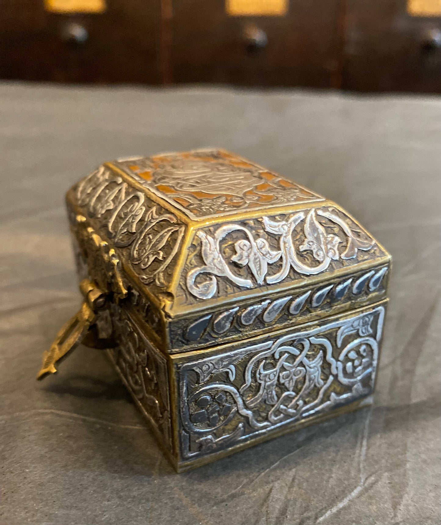 Small vintage Damascene jewellery box - brass, copper and silver