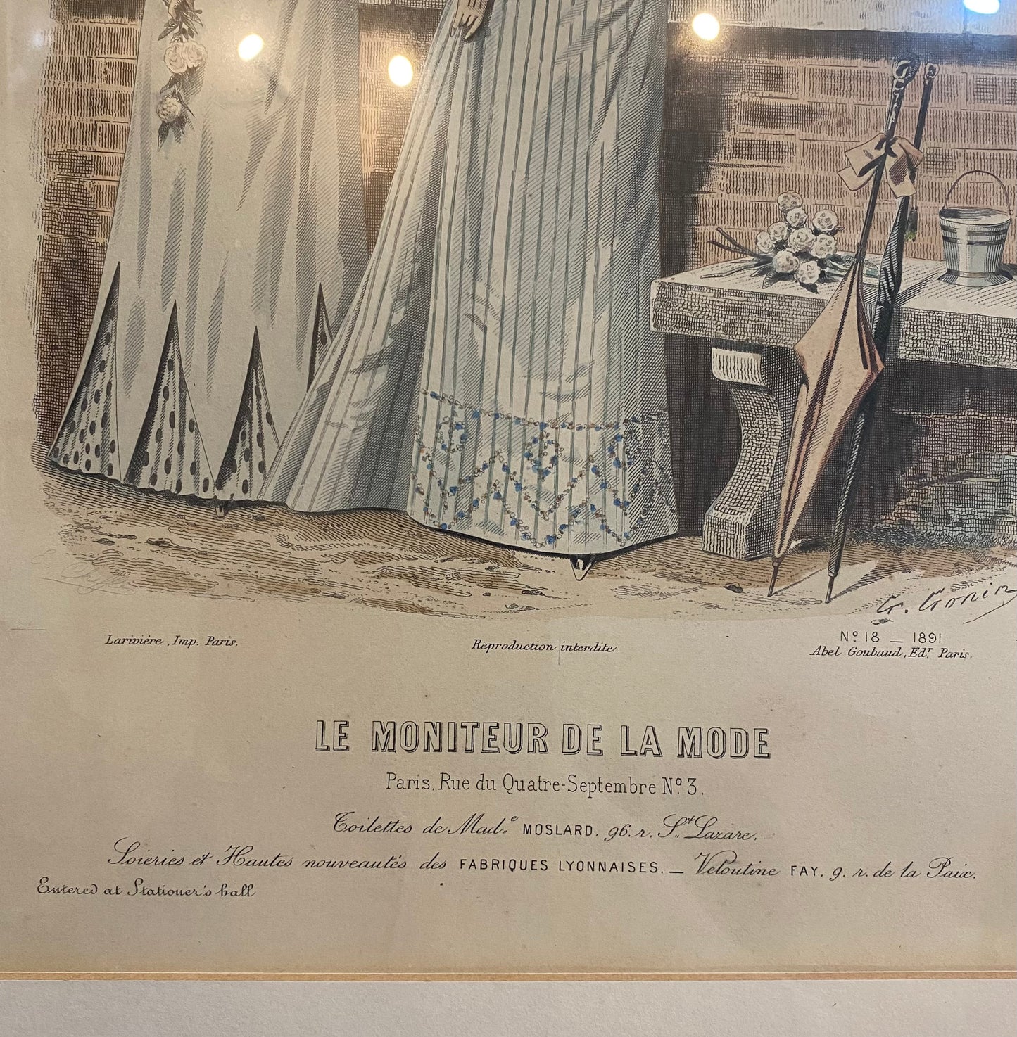 Victorian hand tinted lithograph from the French fashion publication Le Moniteur De La Mode