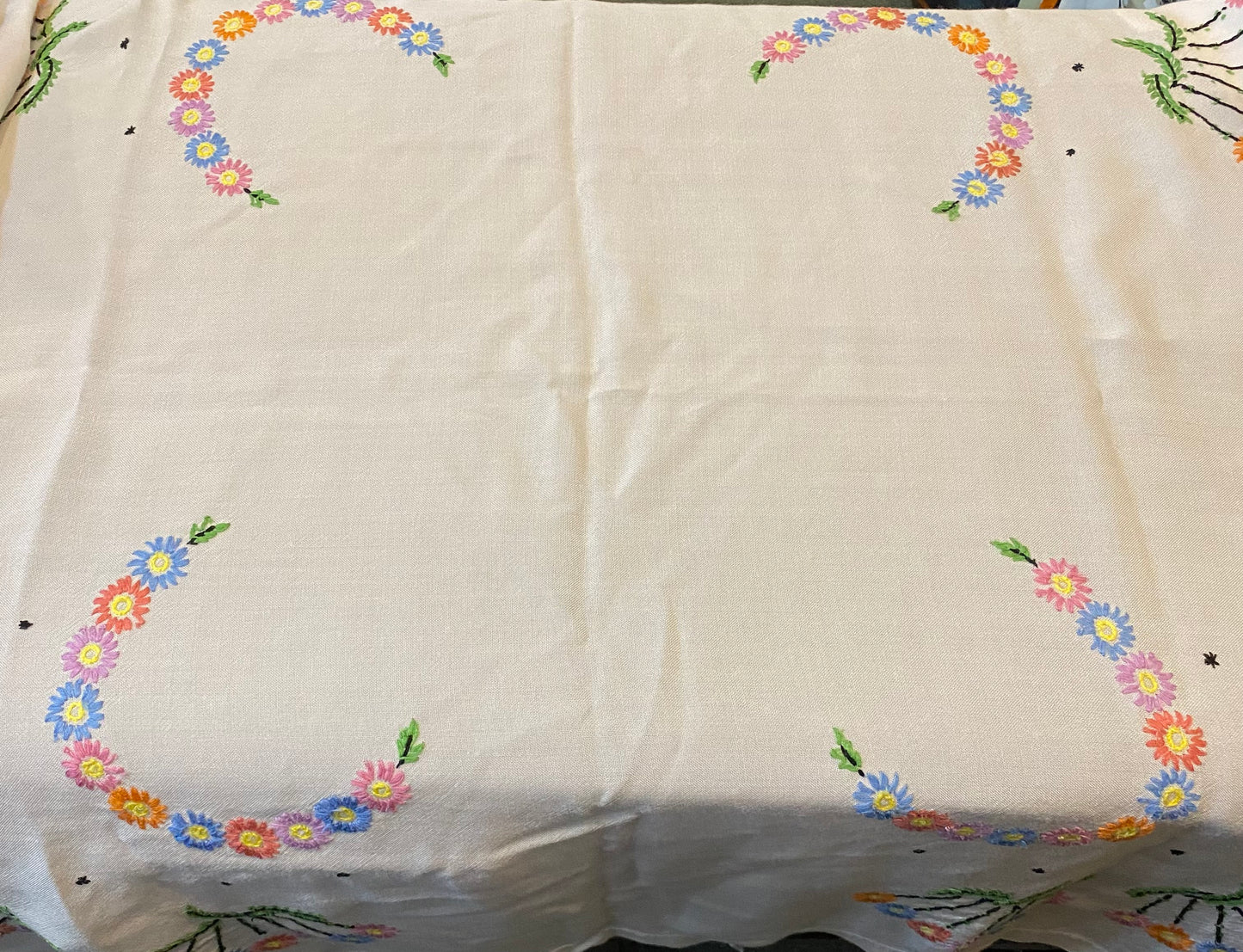 Vintage Linen Hand-Embroidered Floral Tablecloth – 40” x 40” Square