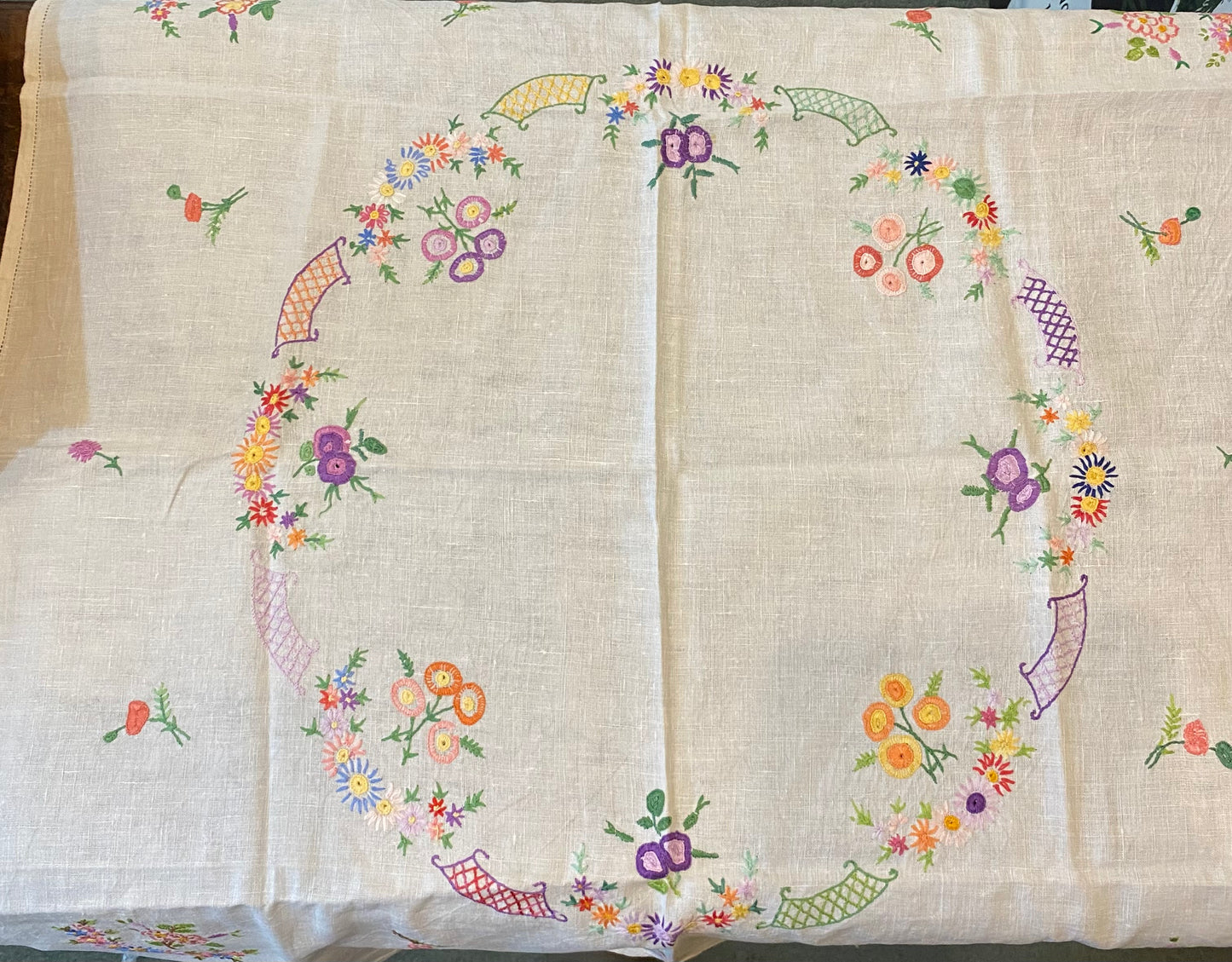Vintage hand-embroidered linen floral tablecloth 32” x 34”