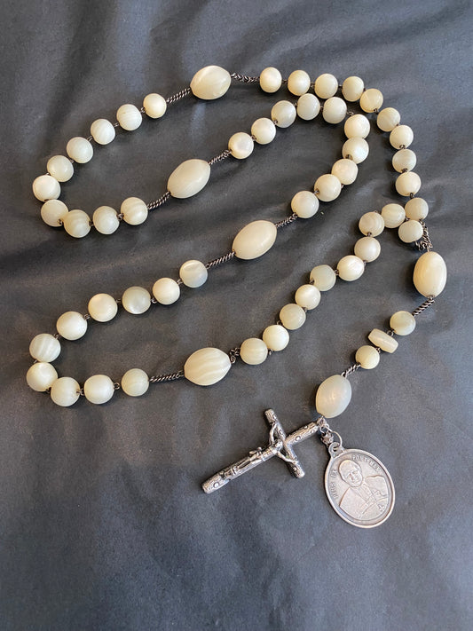 Large Antique Mother of Pearl & Silver Rosary with Miraculous Medallion featuring Pope Pius IX and The Virgin Mary