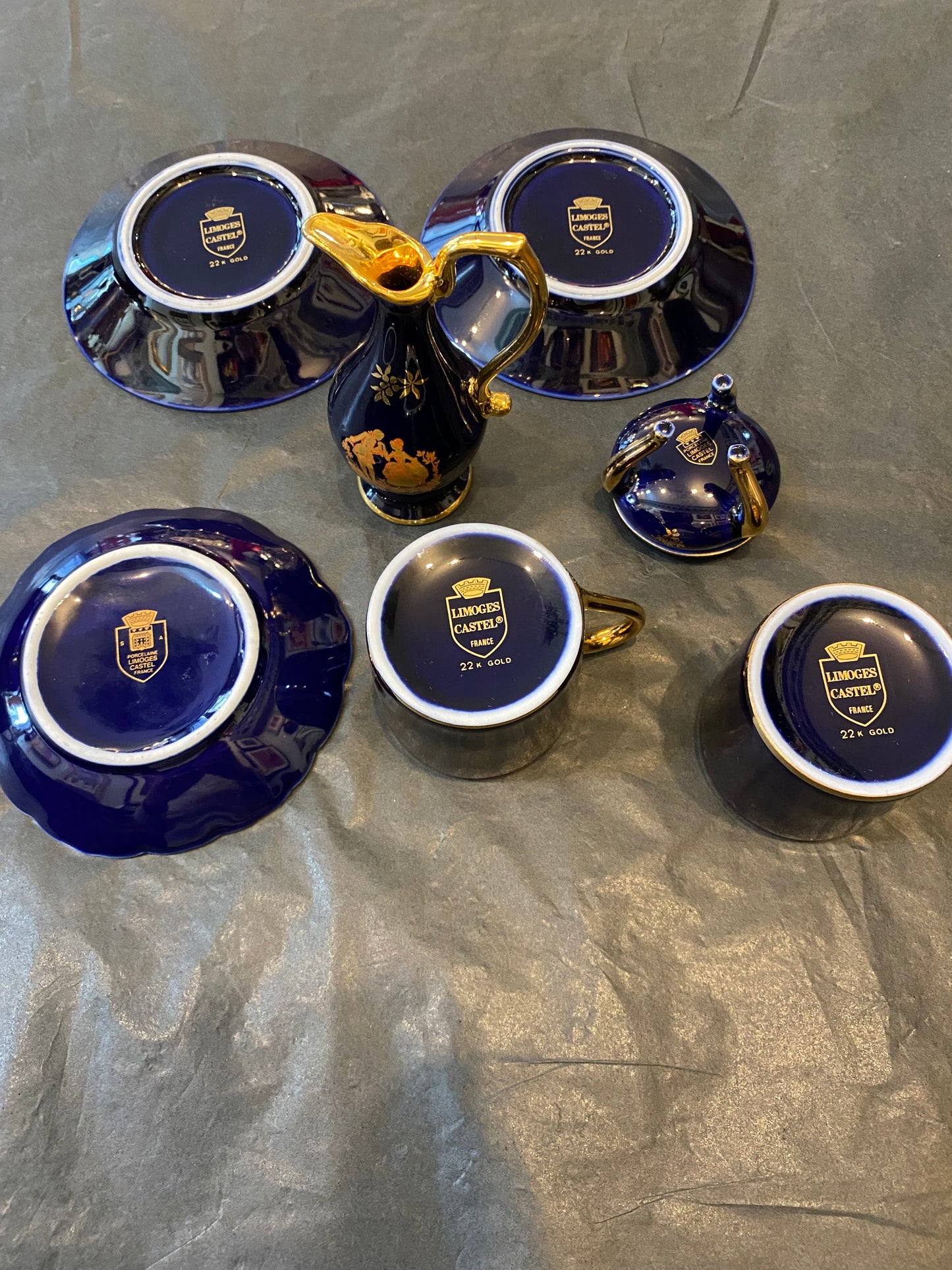 Limoges France 22K gold Part Collection Coffee Cups, Jug and Box