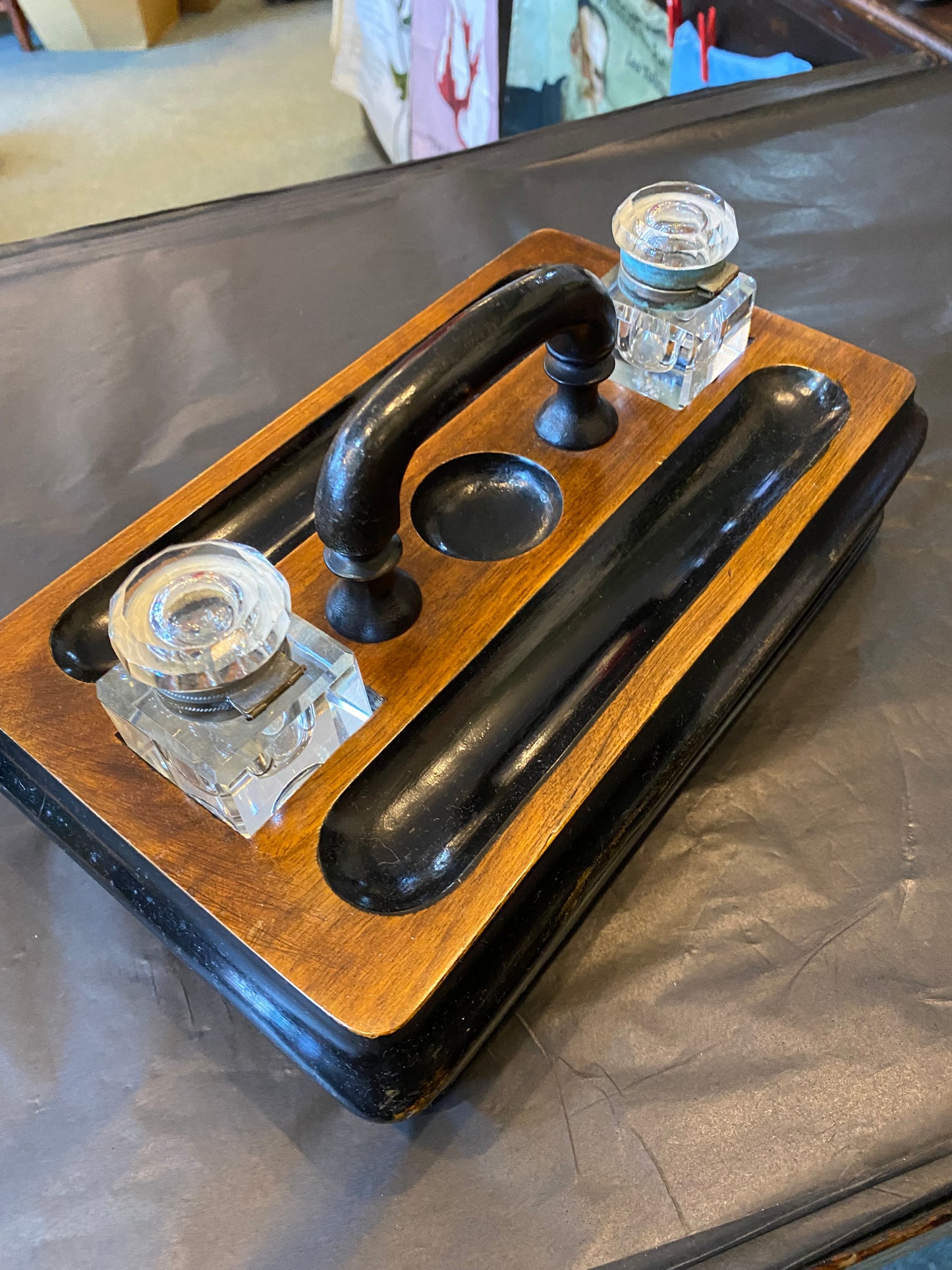 Victorian walnut and ebonised wood desk stand