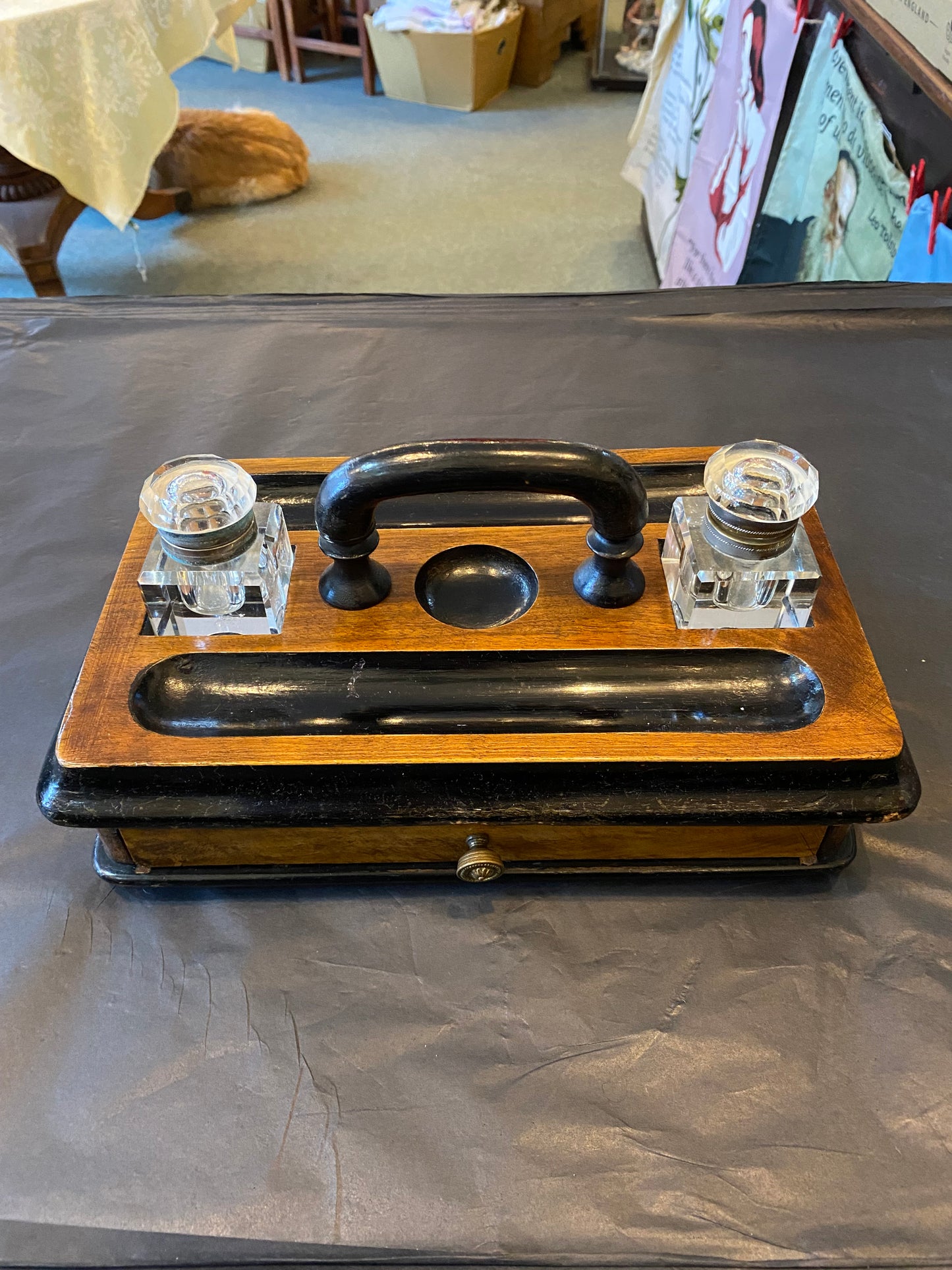 Victorian walnut and ebonised wood desk stand