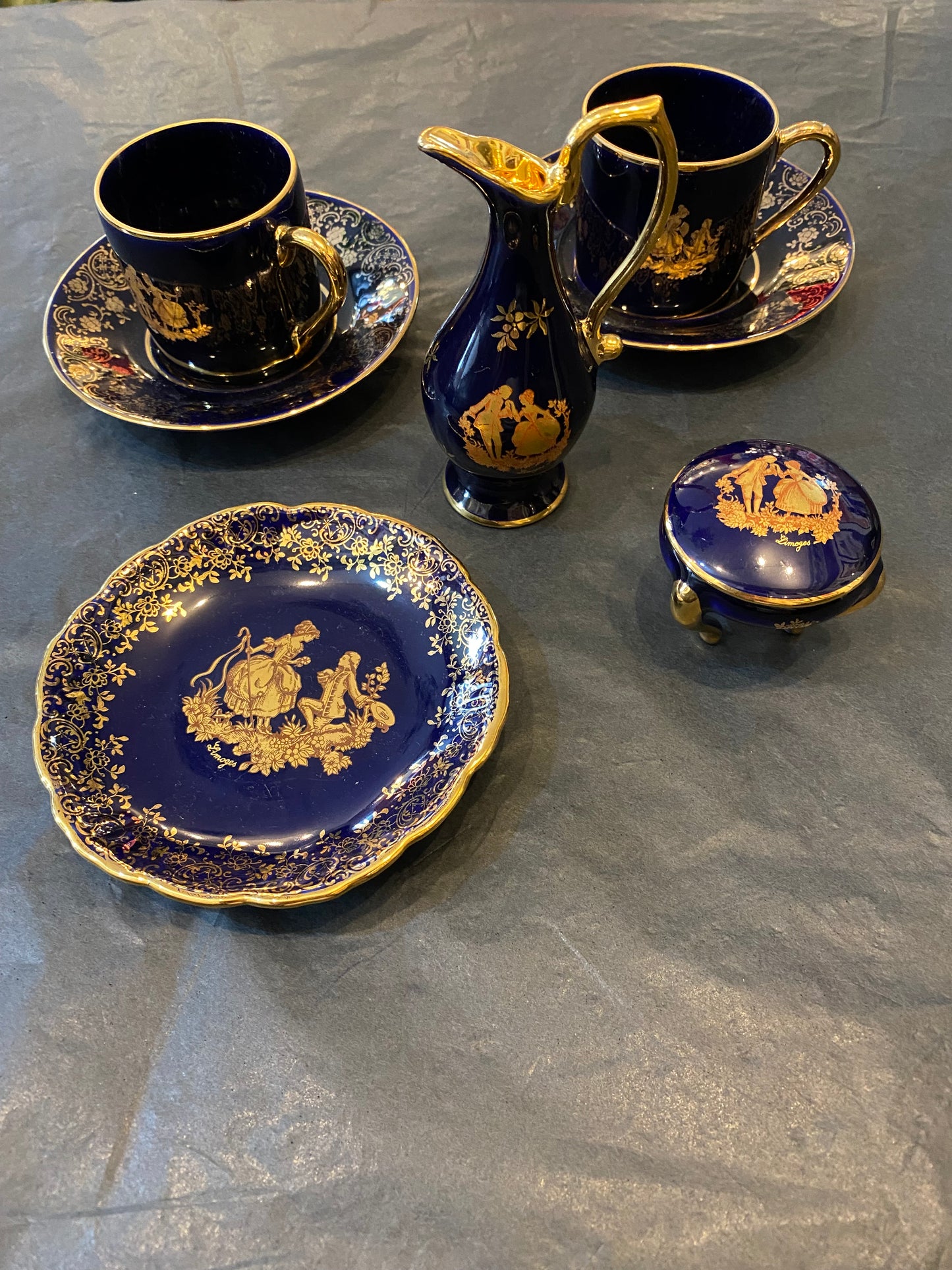 Limoges France 22K gold Part Collection Coffee Cups, Jug and Box