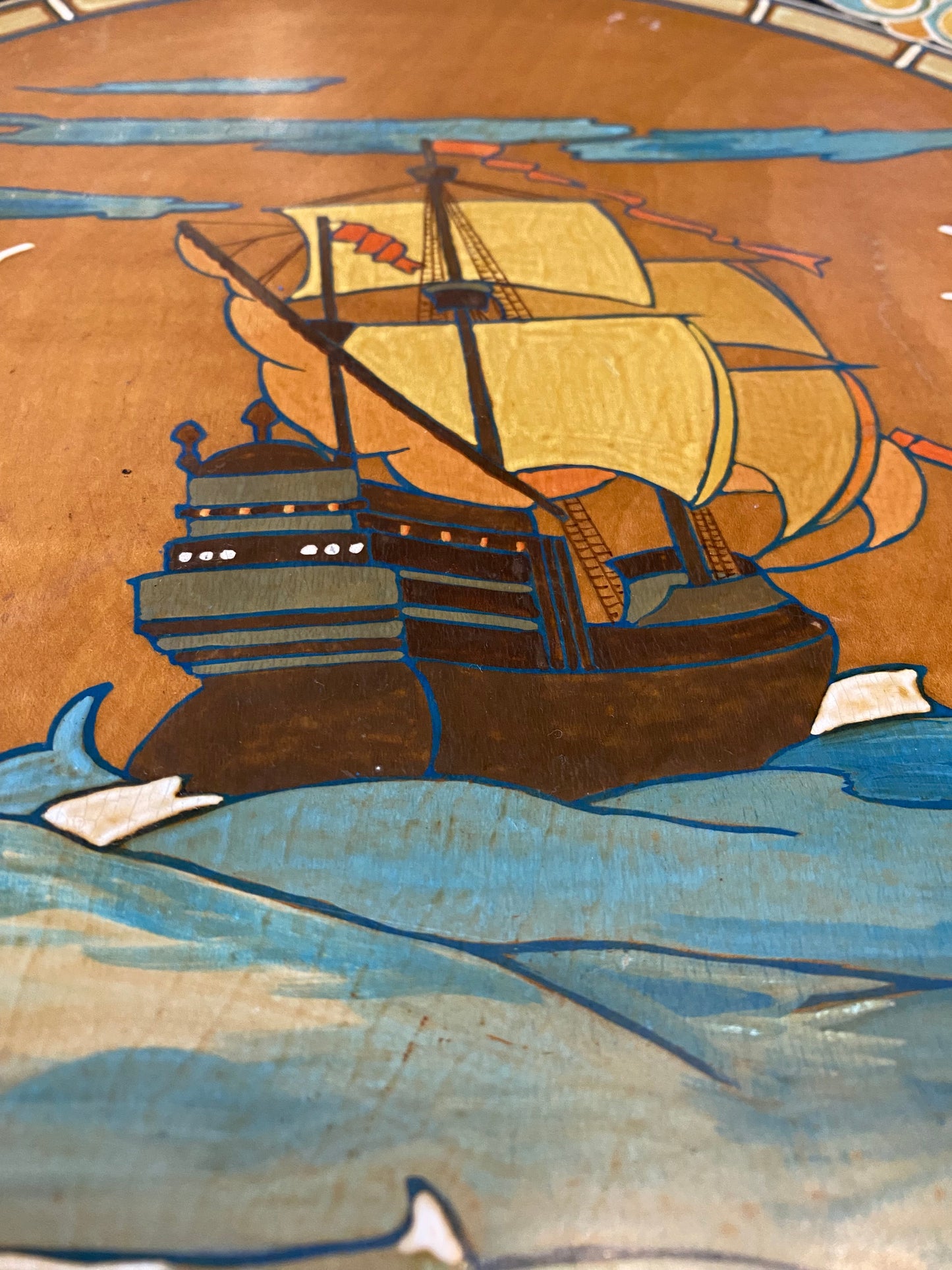 Arts & Crafts hand painted wooden plate - Galleon