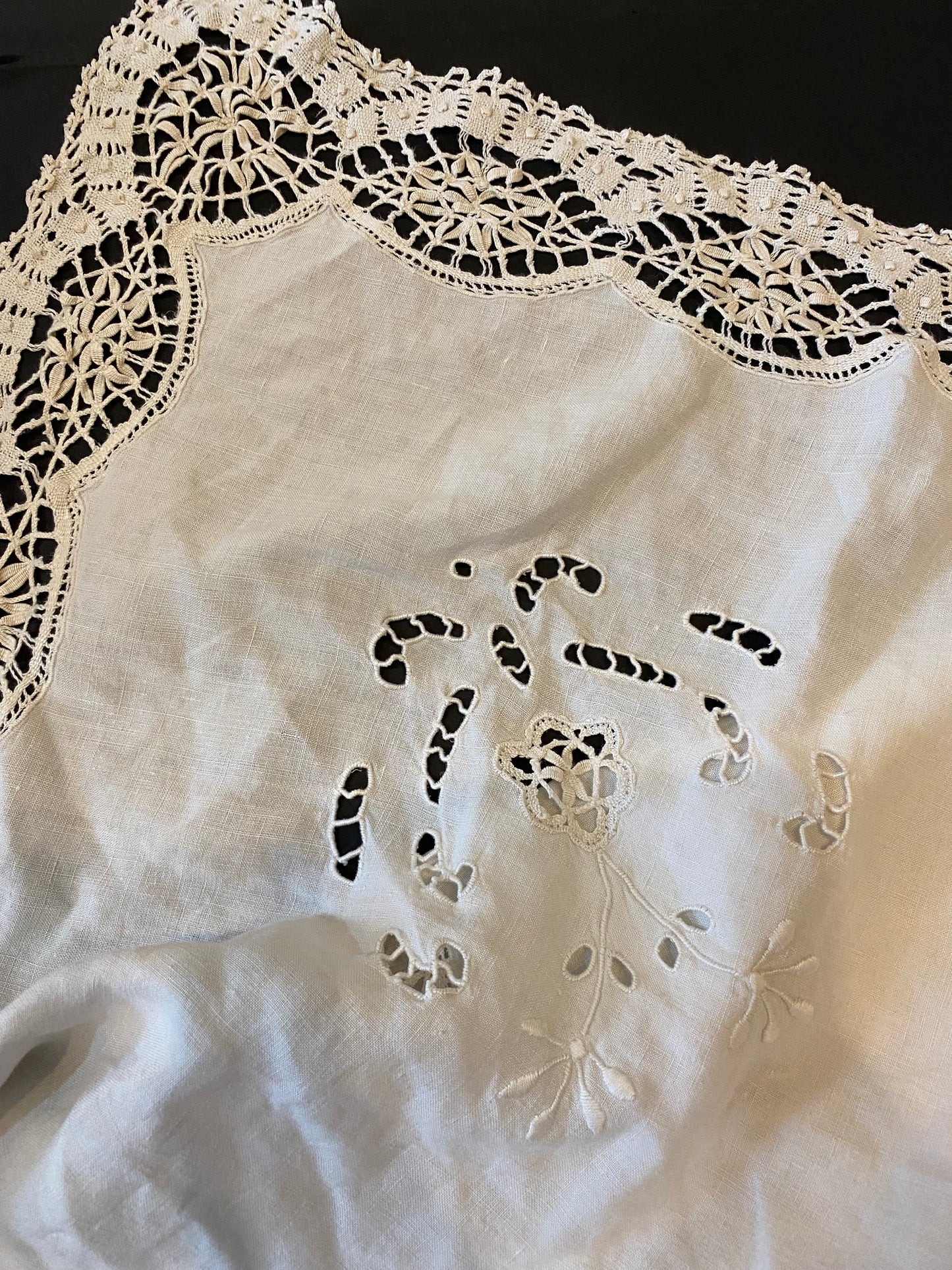 Vintage Richelieu Cutwork Linen Tea Tablecloth 48" Square Hand-Embroidered