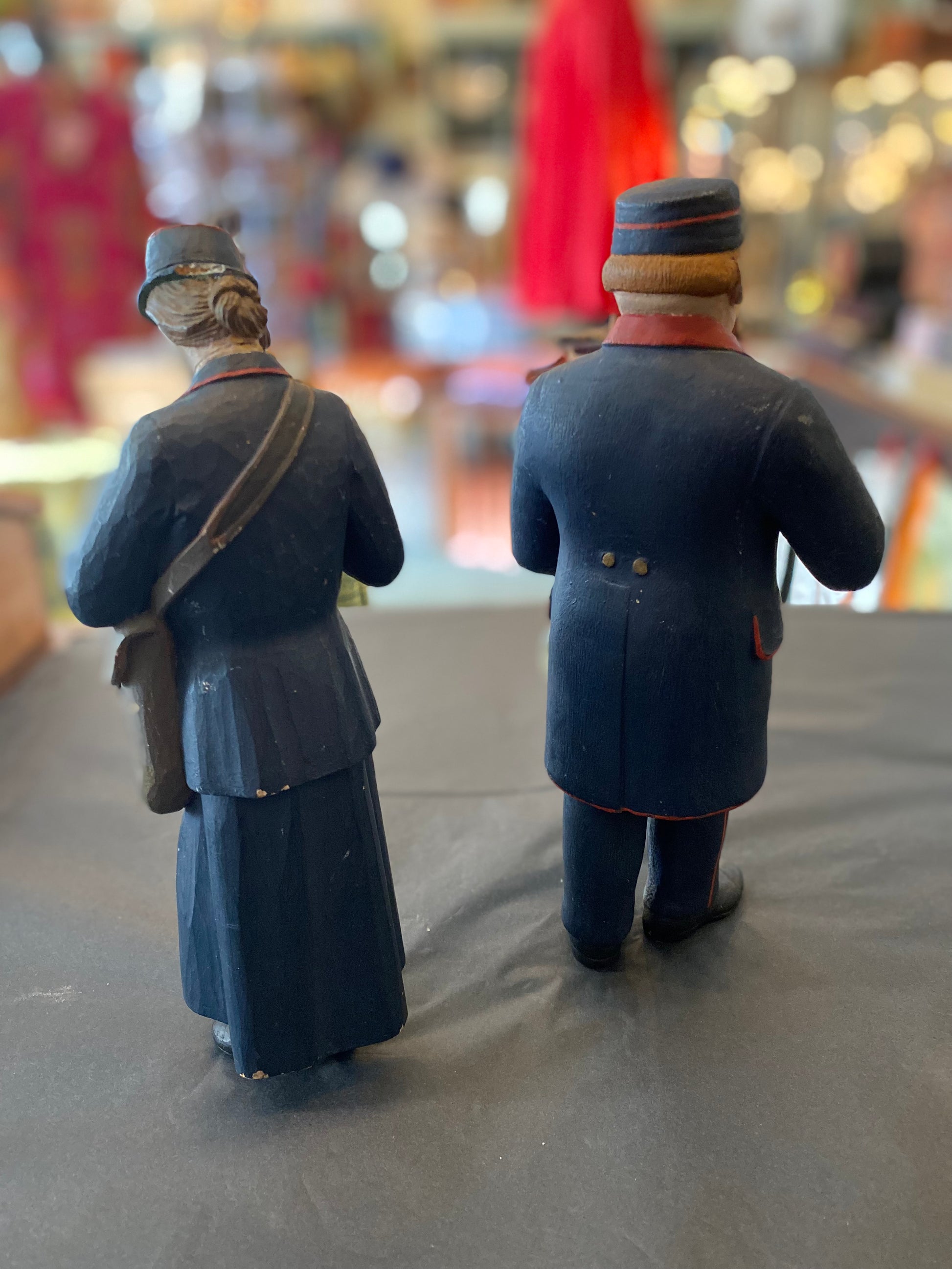 First World War British postman and postwoman hand carved and painted figurines