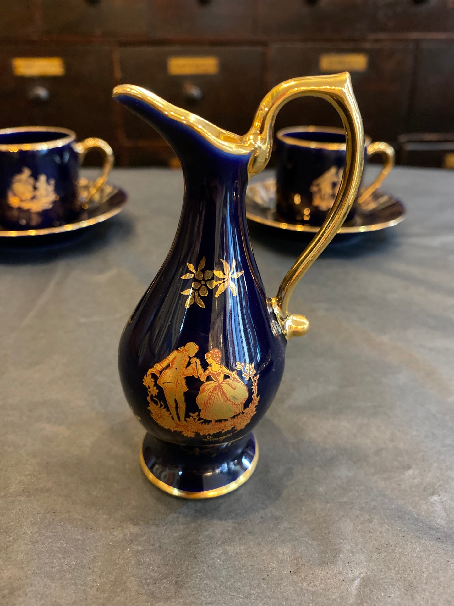 Limoges France 22K gold Part Collection Coffee Cups, Jug and Box