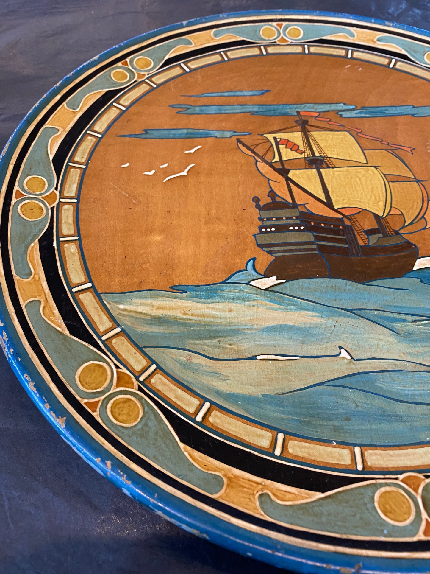 Arts & Crafts hand painted wooden plate - Galleon
