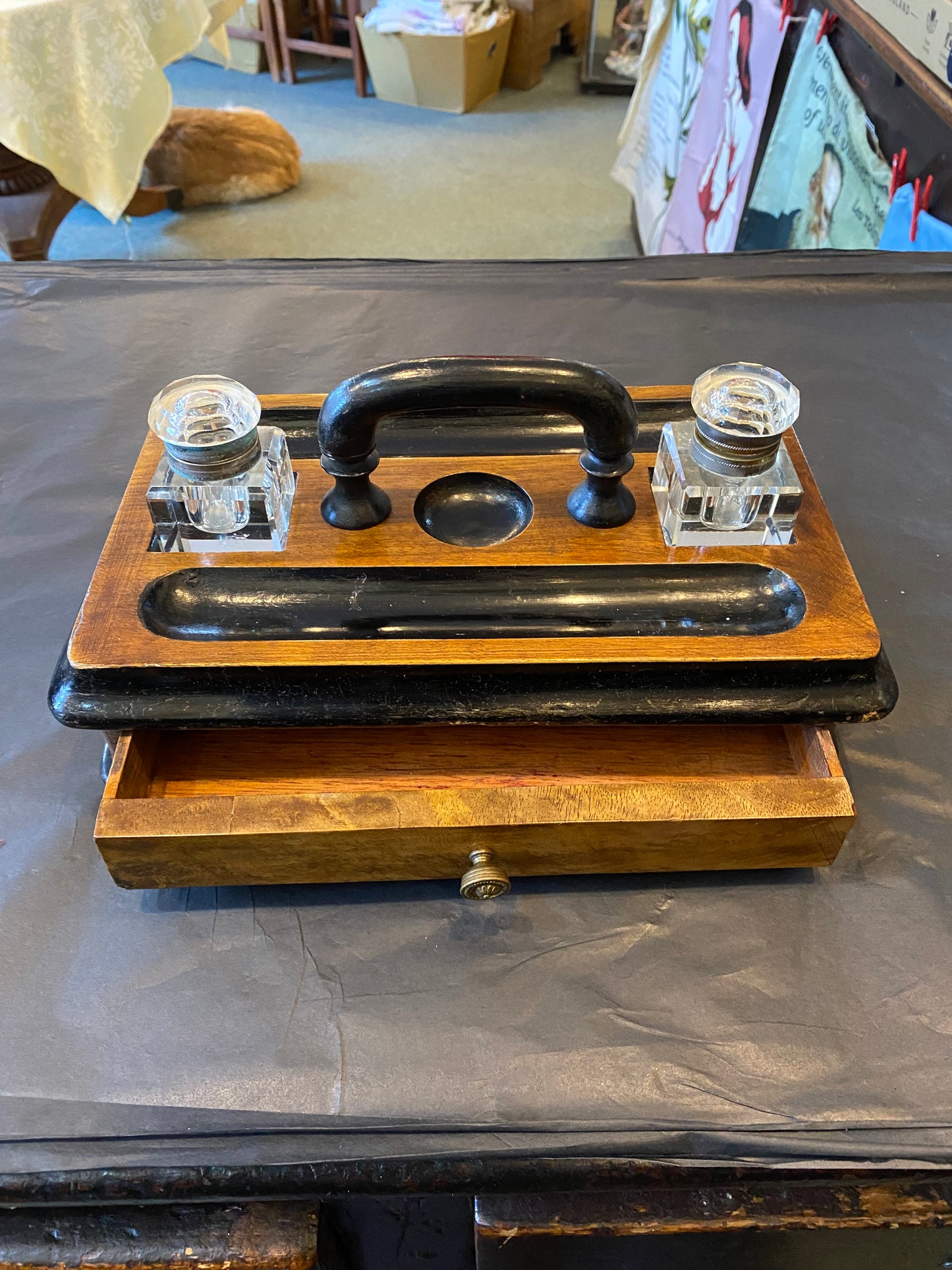 Victorian walnut and ebonised wood desk stand