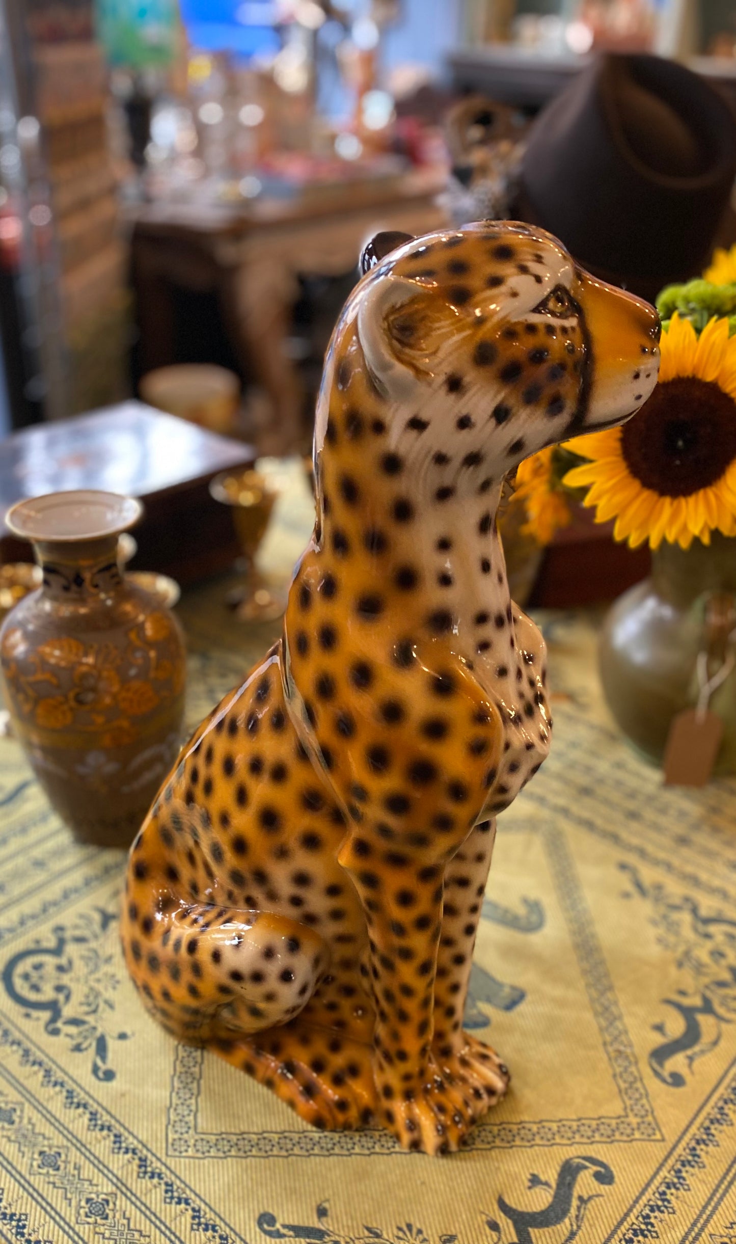 Large Mid-century Modern Italian Ceramic Hand-Painted Cheetah