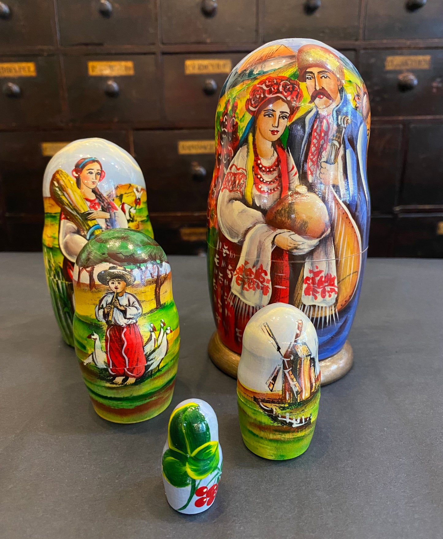 Ukrainian folk hand painted wooden nesting dolls