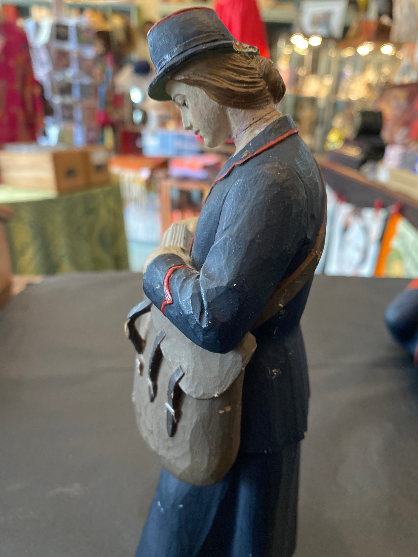 First World War British postman and postwoman hand carved and painted figurines