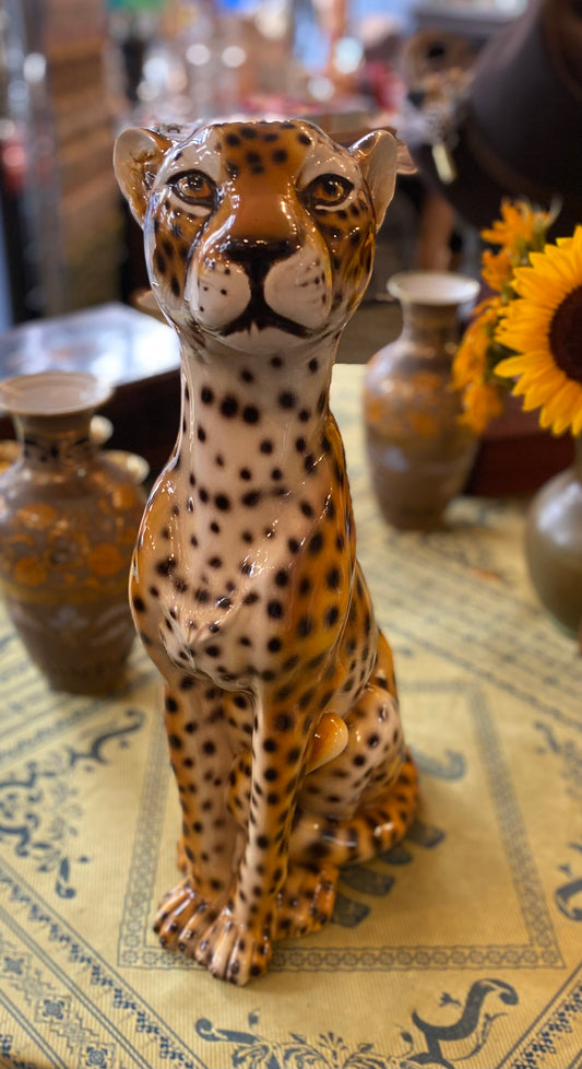 Large Mid-century Modern Italian Ceramic Hand-Painted Cheetah