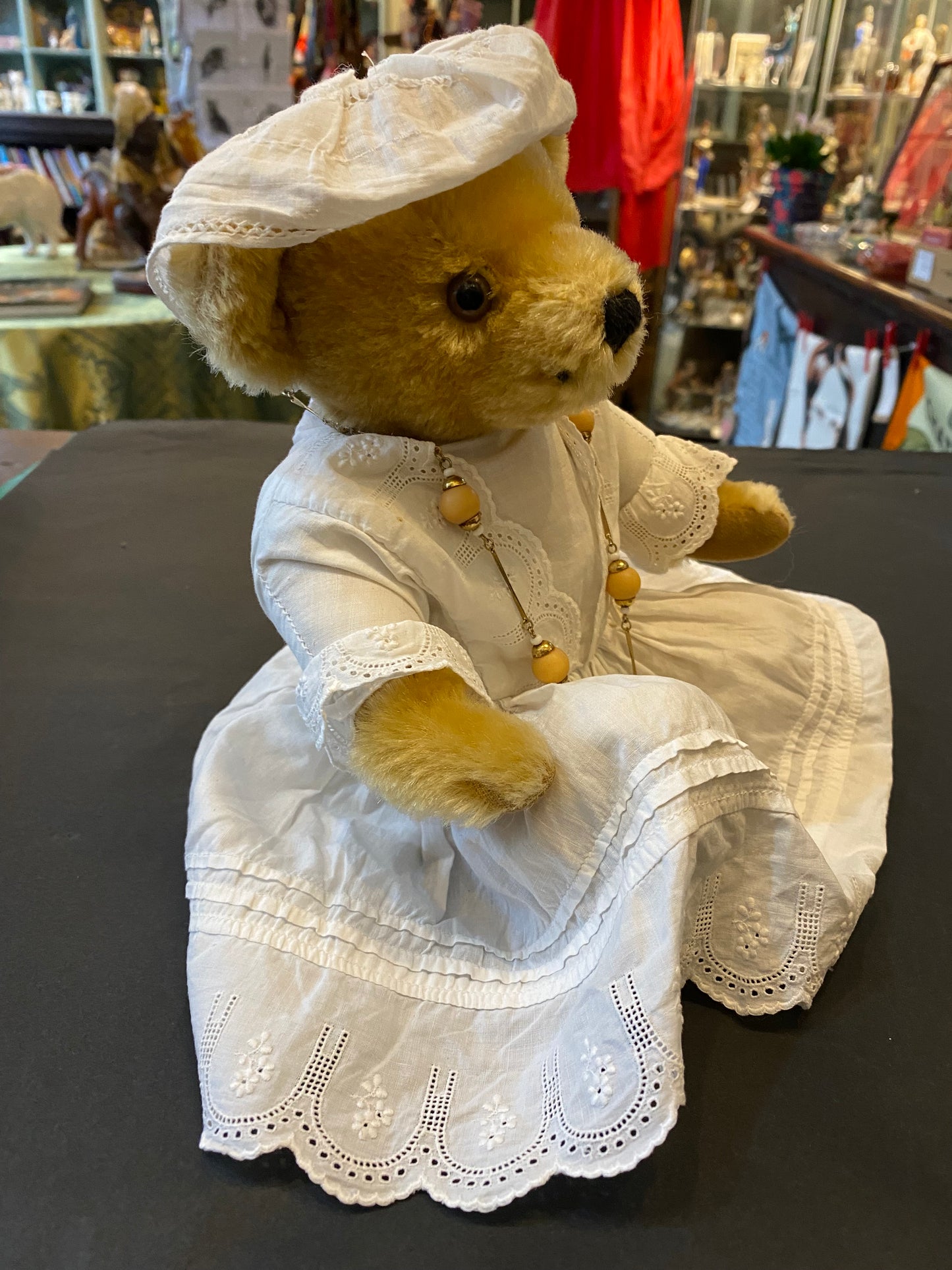 Vintage Merrythought Teddy Bear fully articulated in white dress