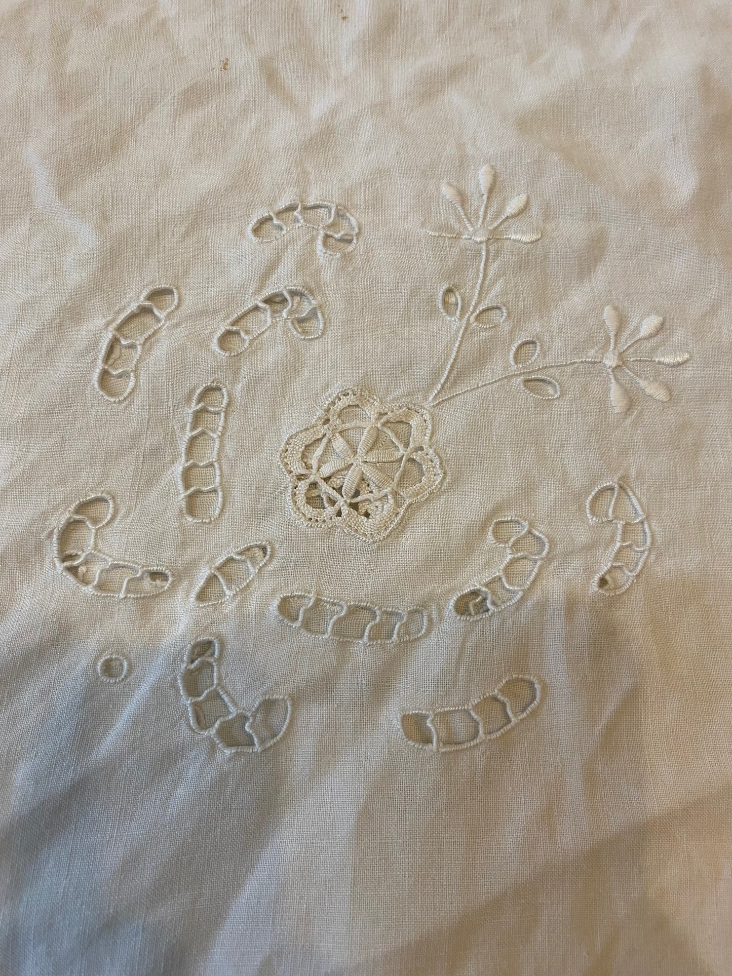 Vintage Richelieu Cutwork Linen Tea Tablecloth 48" Square Hand-Embroidered