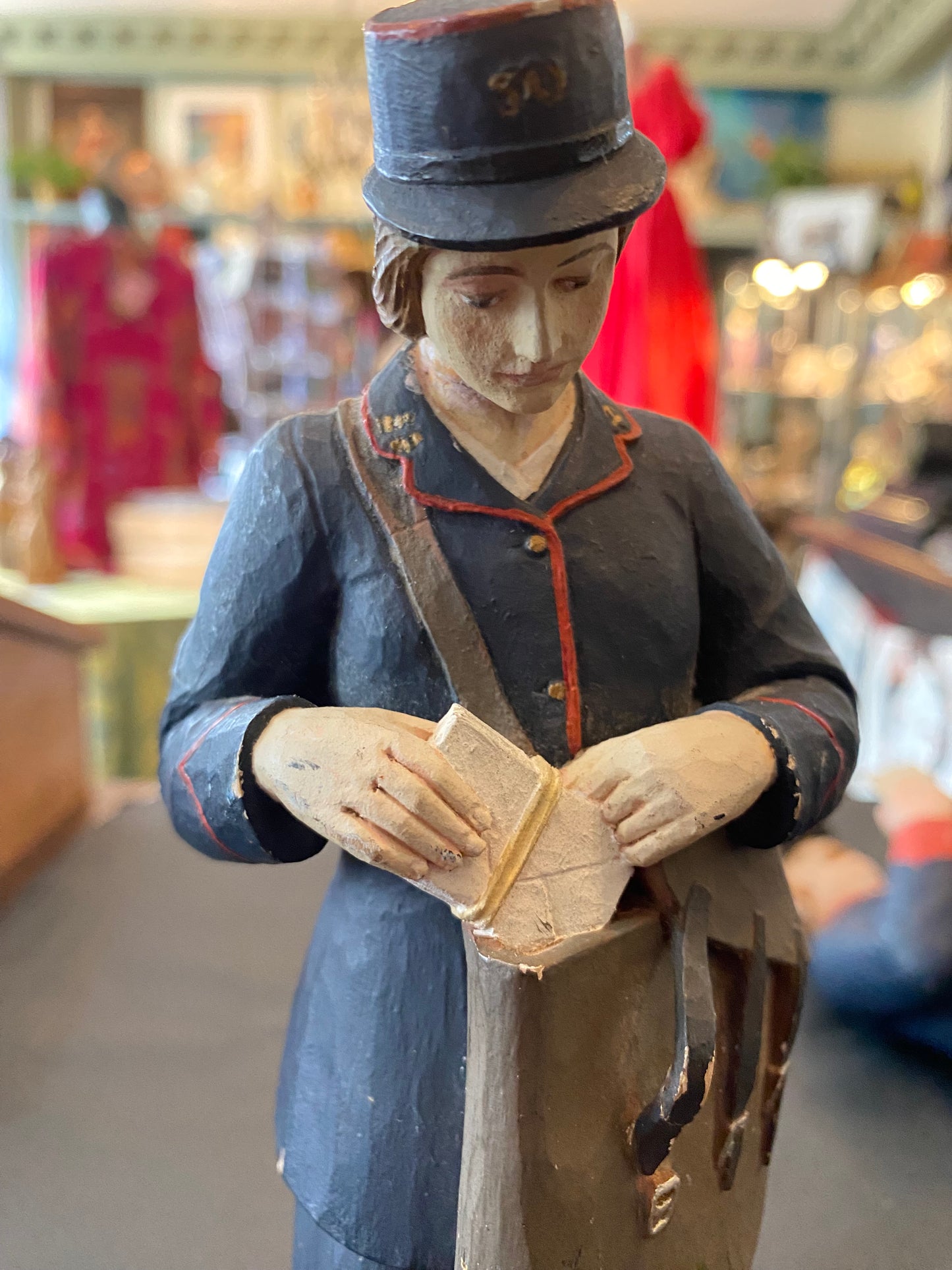 First World War British postman and postwoman hand carved and painted figurines