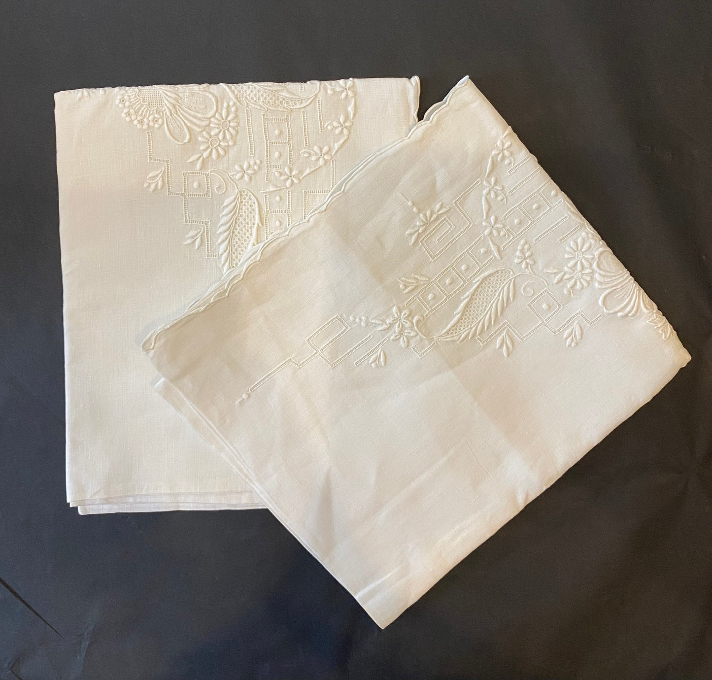 Pair vintage linen embroidered bolsters