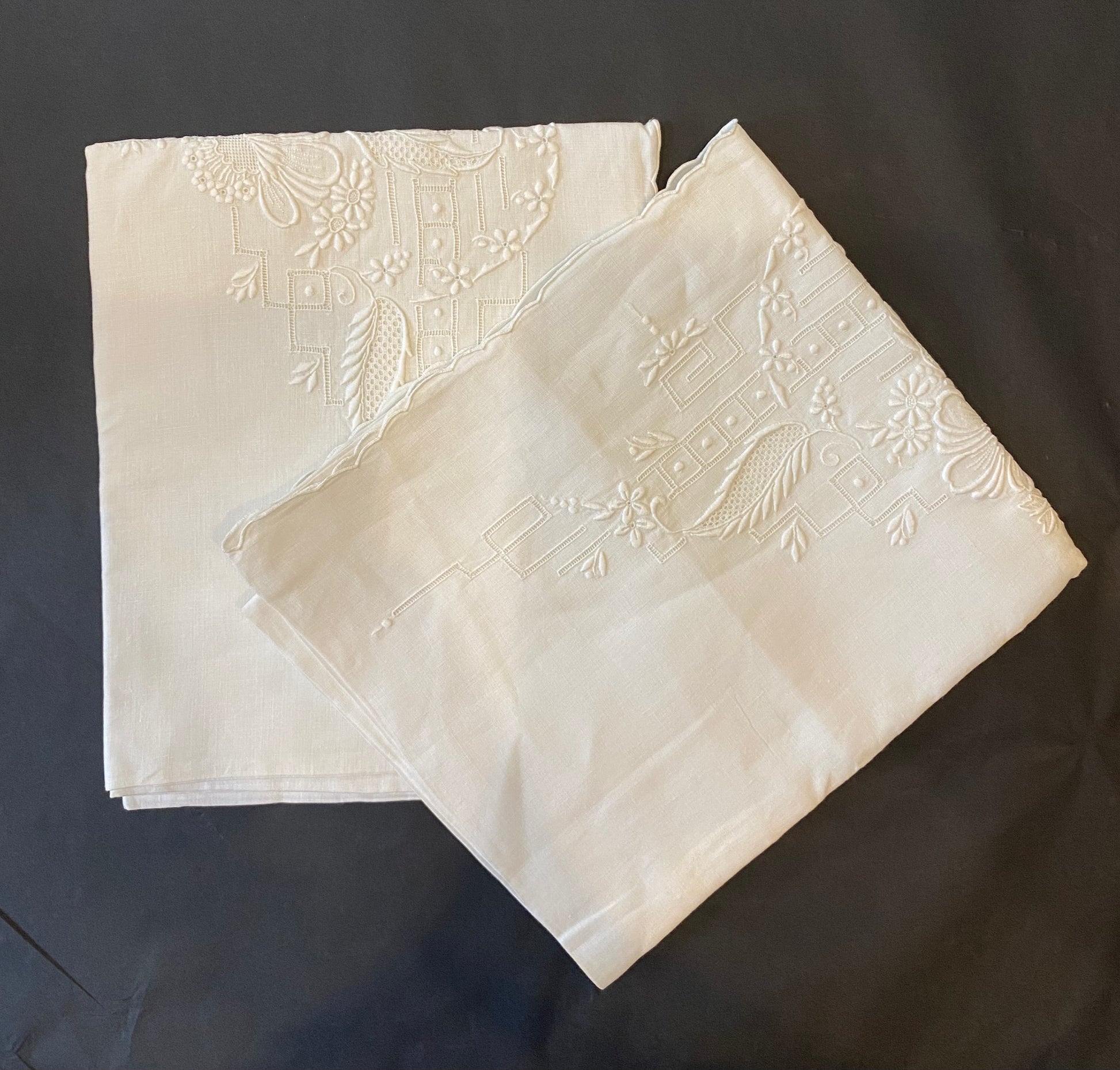 Pair vintage linen embroidered bolsters