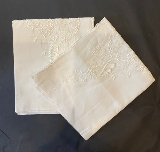 Pair vintage linen embroidered bolsters
