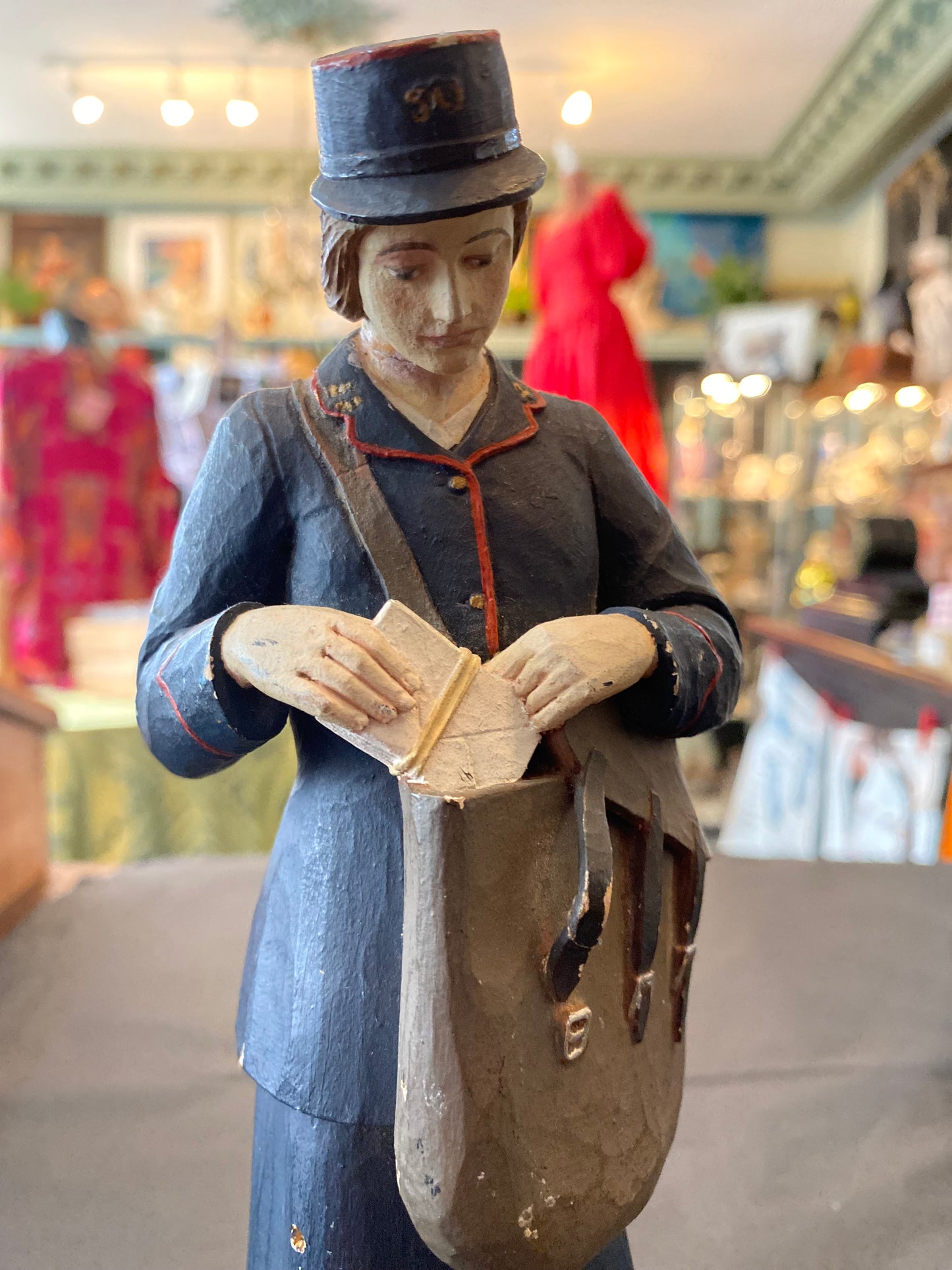 First World War British postman and postwoman hand carved and painted figurines