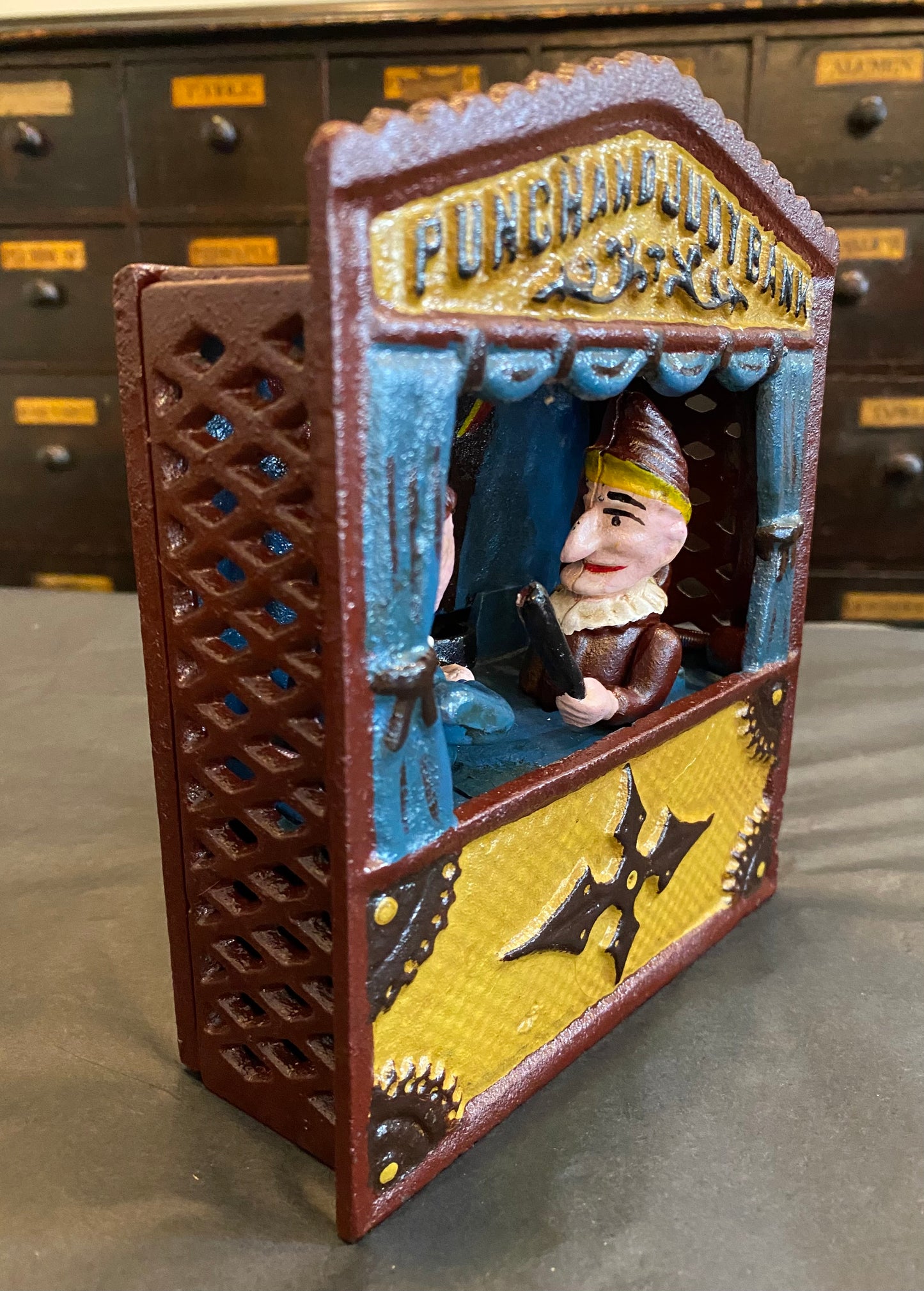 Reproduction cast iron mechanical Punch & Judy money box