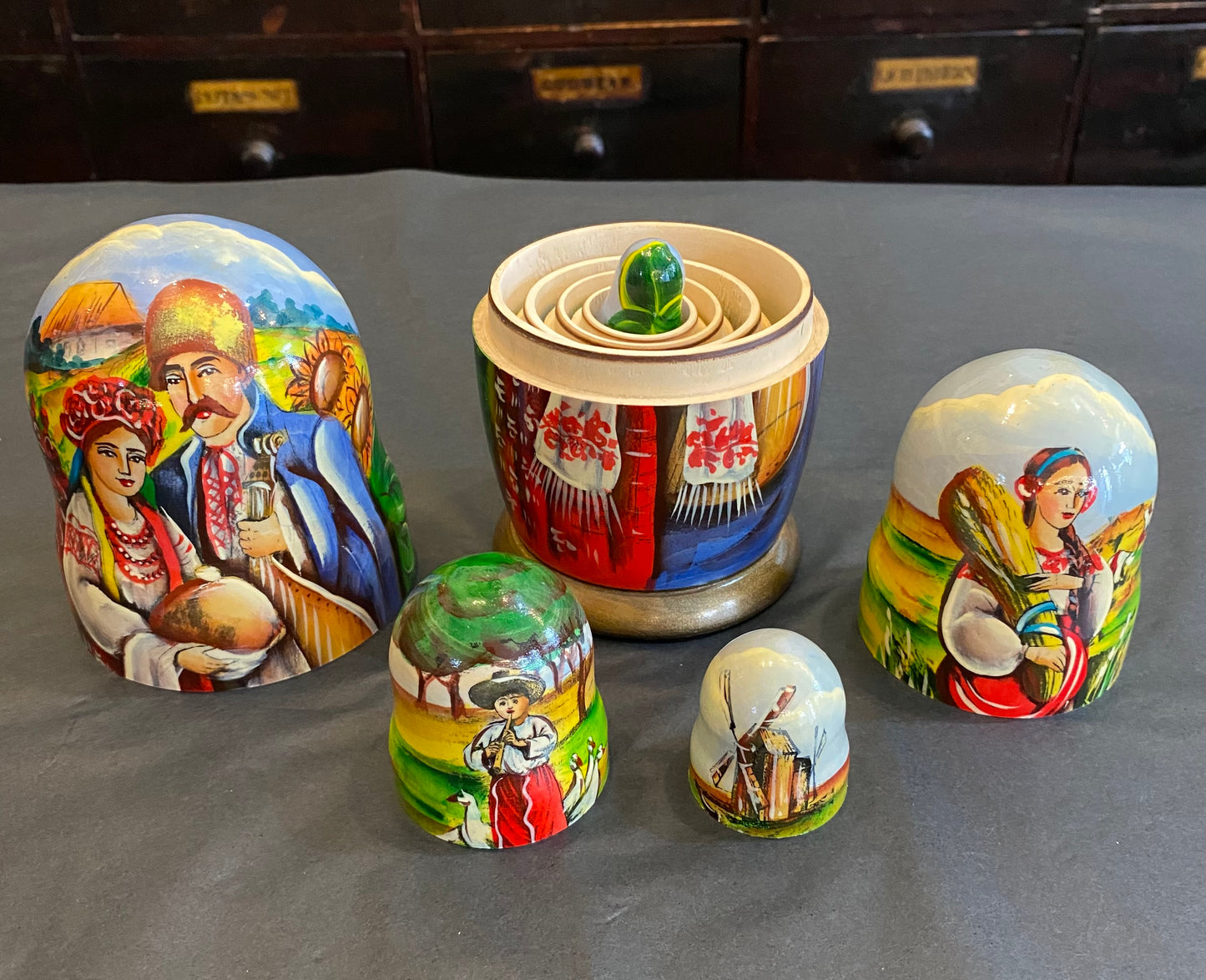 Ukrainian folk hand painted wooden nesting dolls