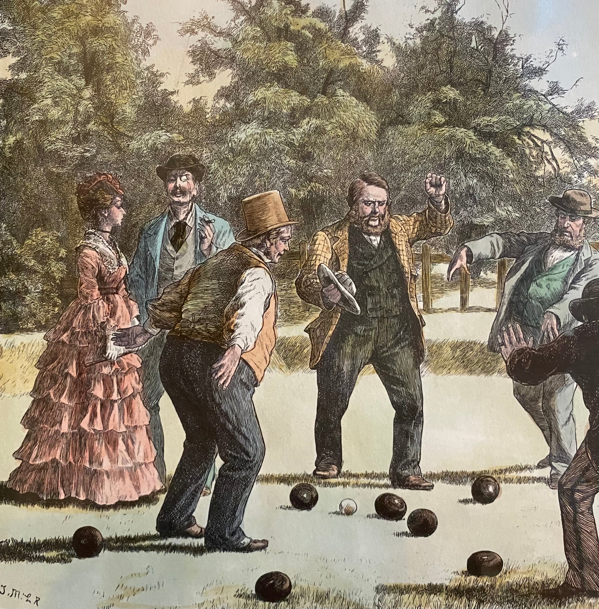 Victorian hand tinted lithograph entitled “a game of bowls”