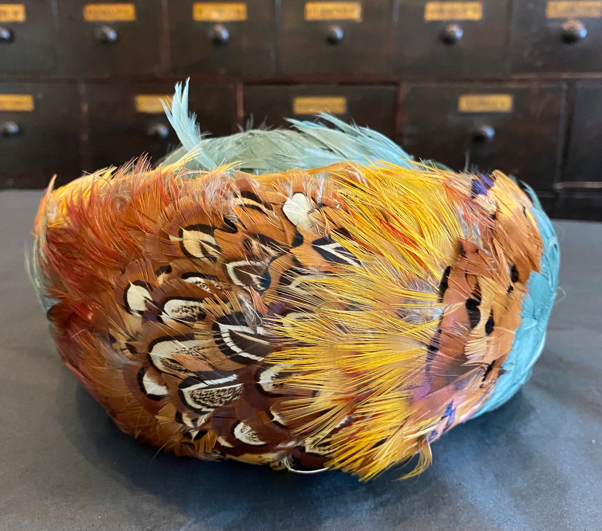 Mid-century Pillbox Pheasant Feather Hat