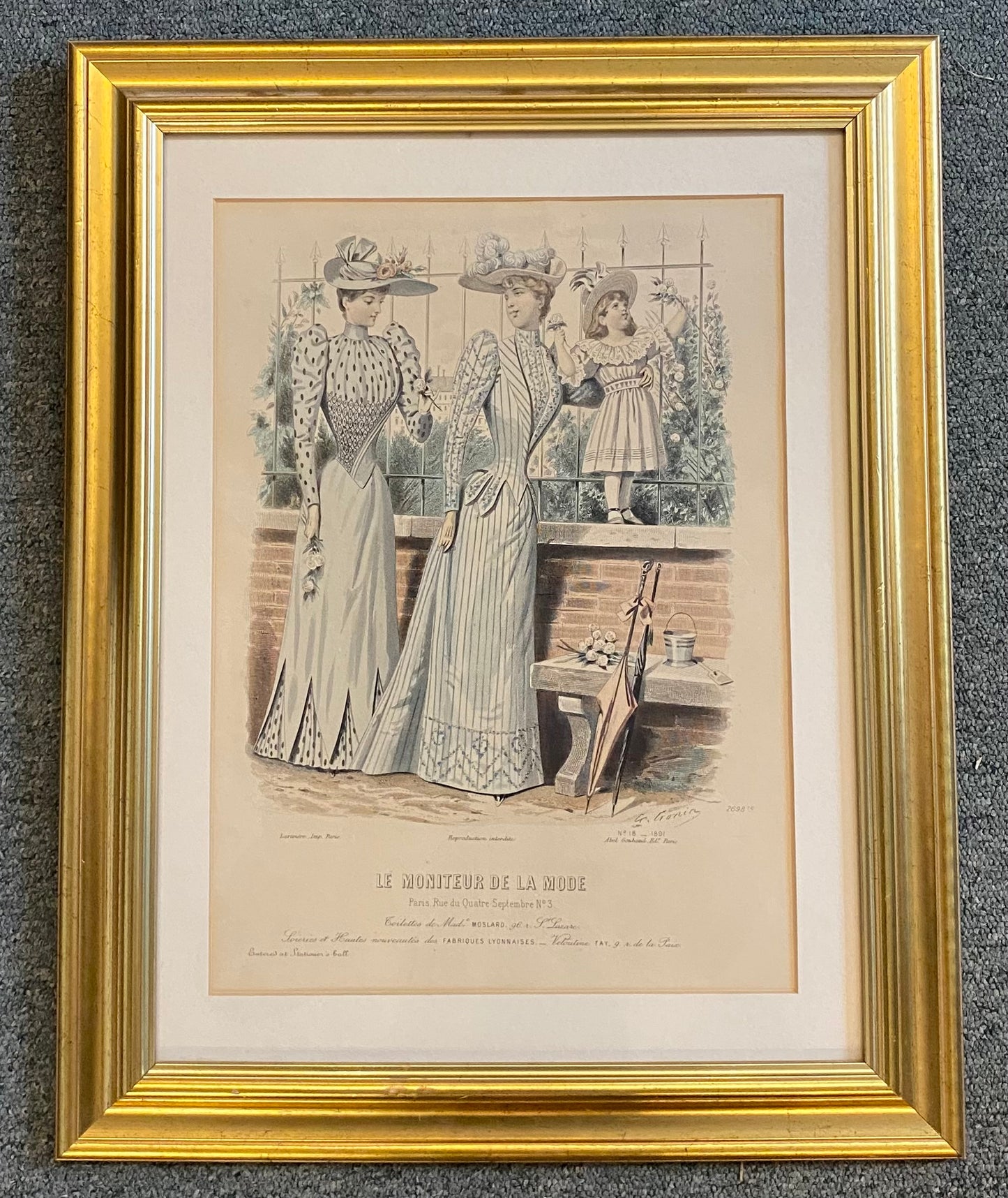 Victorian hand tinted lithograph from the French fashion publication Le Moniteur De La Mode