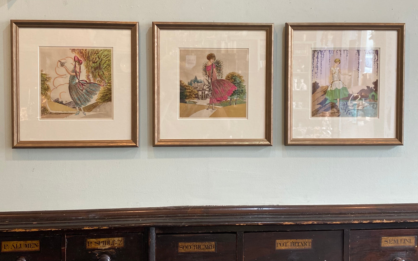Trio of Antique French Art Deco Fashion Prints Hand-Coloured Pochoir
