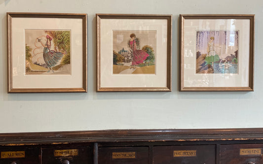 Trio of Antique French Art Deco Fashion Prints Hand-Coloured Pochoir