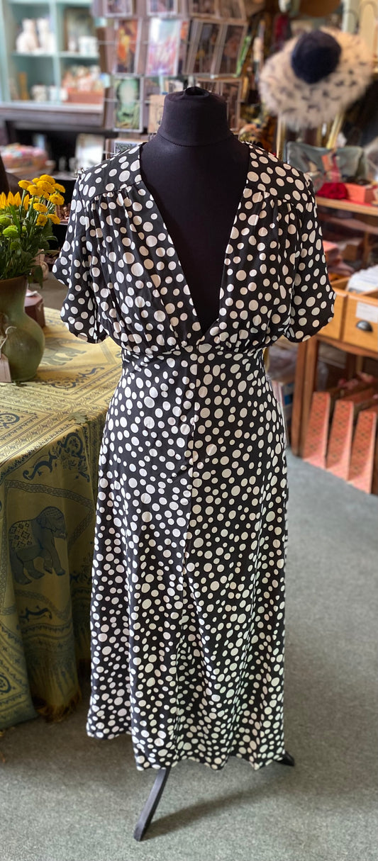 New With Tags Tara Starlet UK 12 Black & Ivory Polka Dot Midi Dress