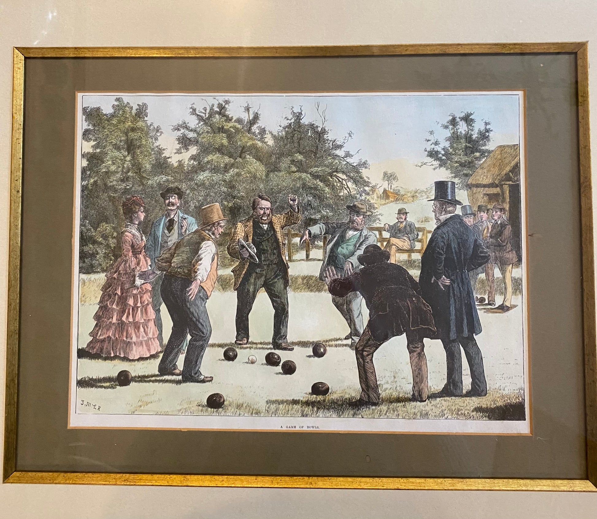 Victorian hand tinted lithograph entitled “a game of bowls”