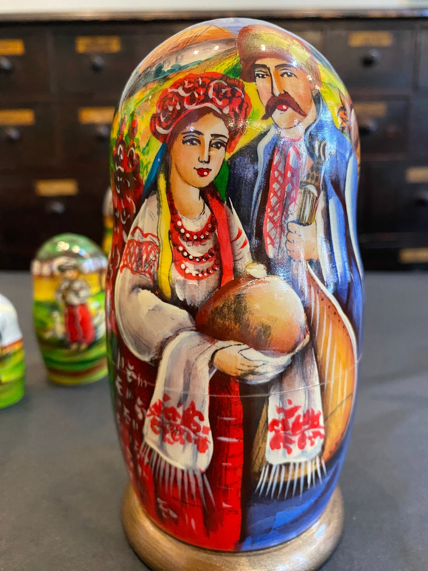 Ukrainian folk hand painted wooden nesting dolls