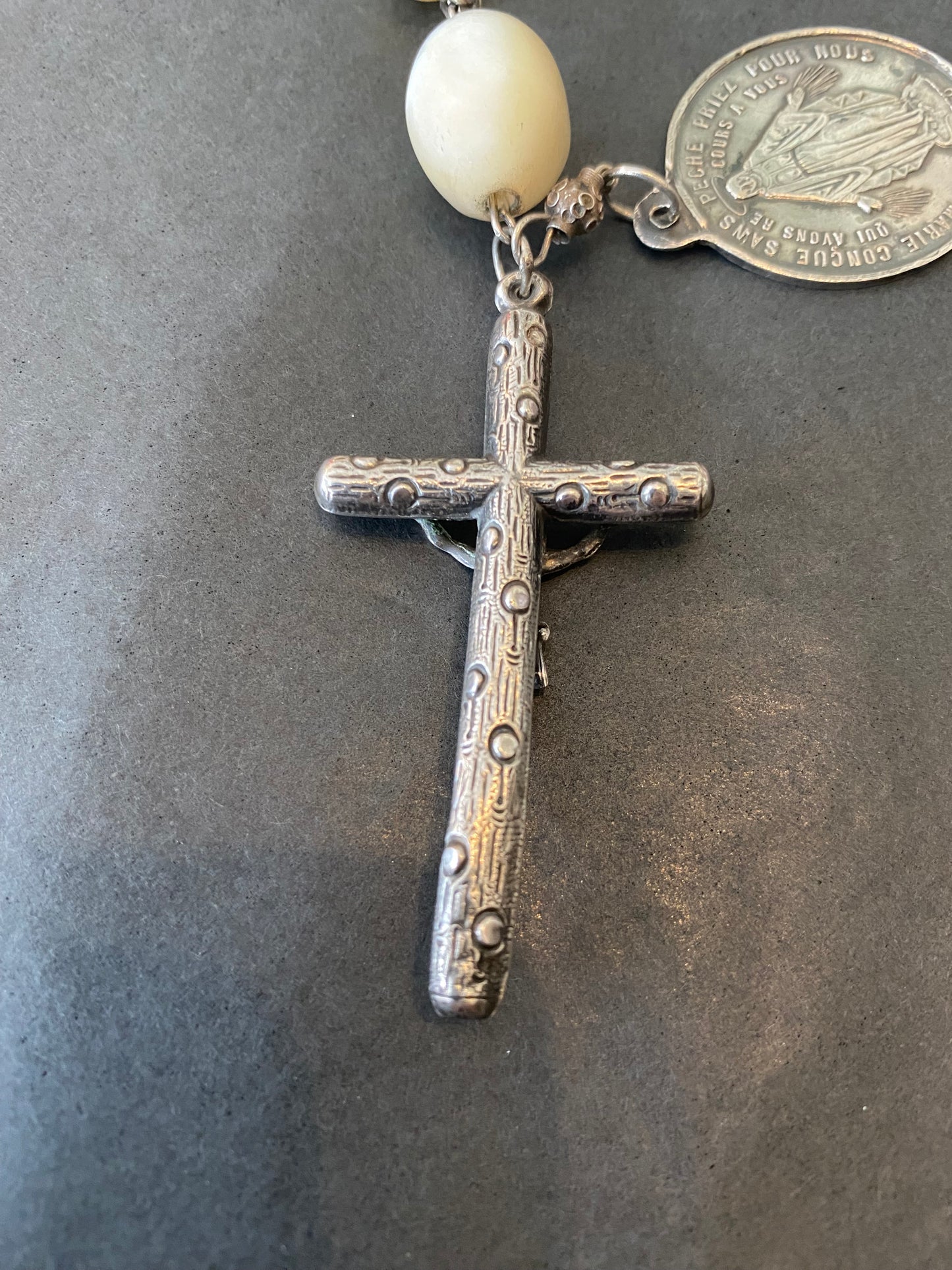 Large Antique Mother of Pearl & Silver Rosary with Miraculous Medallion featuring Pope Pius IX and The Virgin Mary